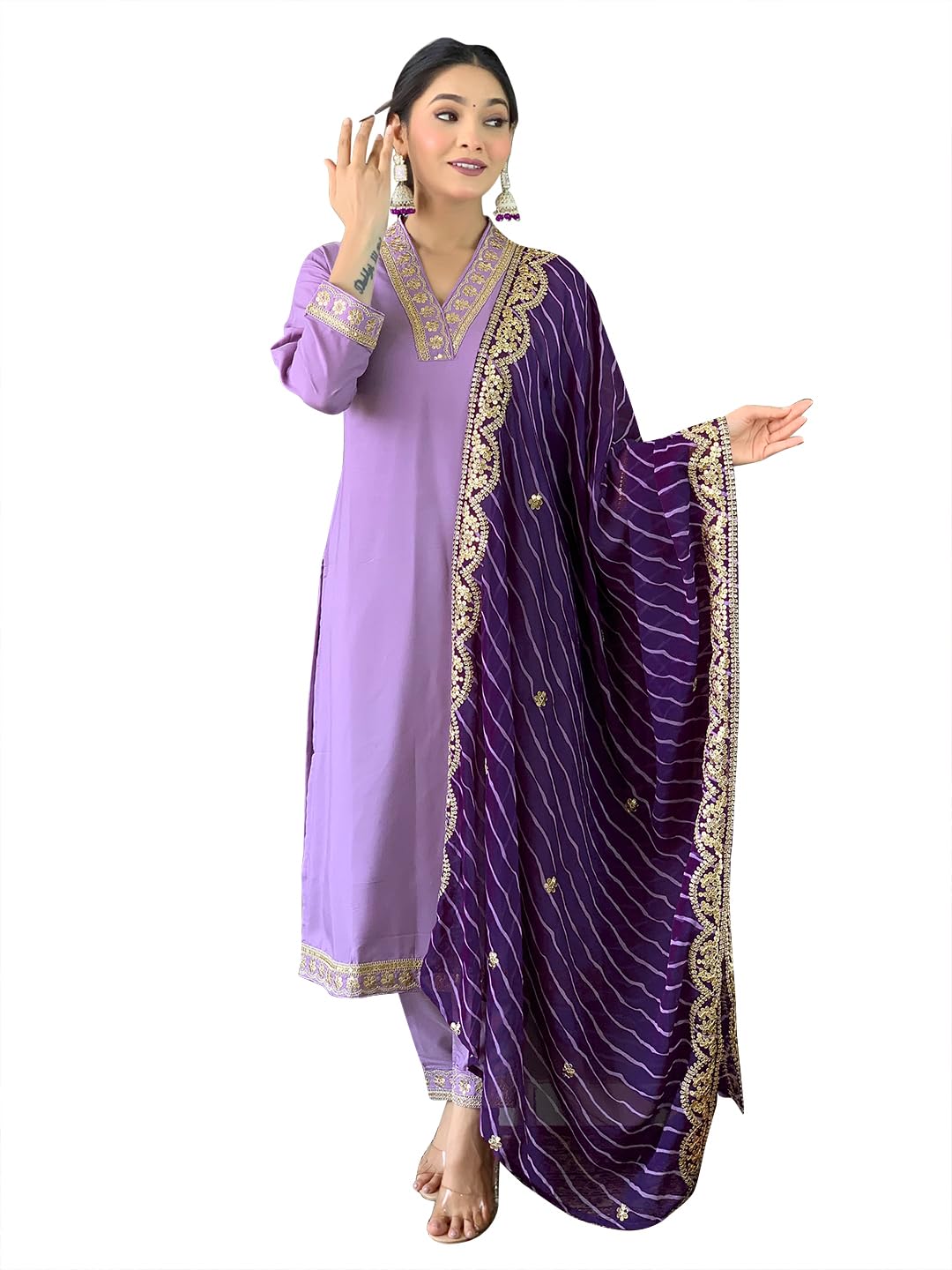 Naixa Womens Purple BSY Viscose Embroidered Straight Kurta with BSY Viscose Pant and Silk Blend Laced Dupatta Sets (NX-450-Purple-S) (B0CWGG7FHM) Amazon Price History, Amazon Price Tracker