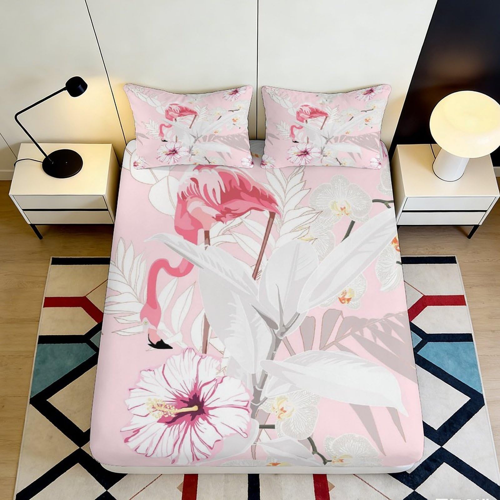 3D Printed Pink Flamingo Fitted Sheet Microfiber Soft Floral Mattress Cover for Bedroom Dorm Decorative Protection 90x200x25cm