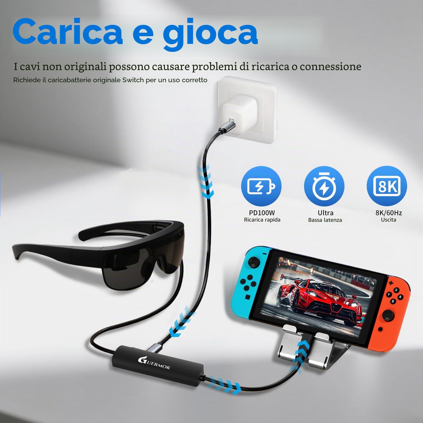Guermok Adattatore 5-in-1 da Usb-C a occhiali AR, ricarica rapida 100W PD, video 8K@60Hz, porte Usb-C - per X-real Air/2 Pro/One, RayNeo Air, Rokid, Switch, Steam, Phone 15/16, Nero