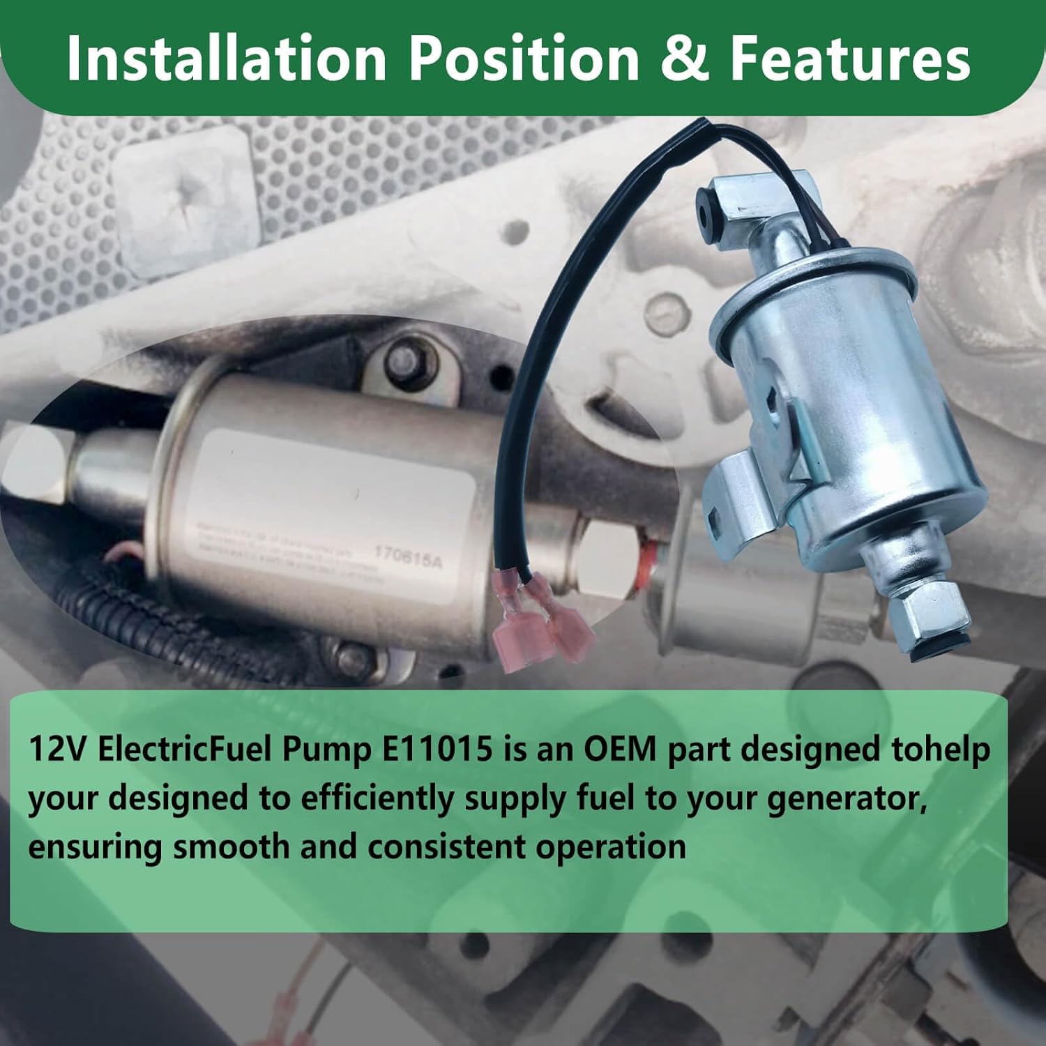 Electric Fuel Pump E11015 fits Onan 5500/5.5KW gas generators (incl. Marquis Gold 5500) & HGJAA-HGJAF models, replacing 149-2620, A047N929, A029F887, A064S965, GMB 596-1160, Herko RV008.
