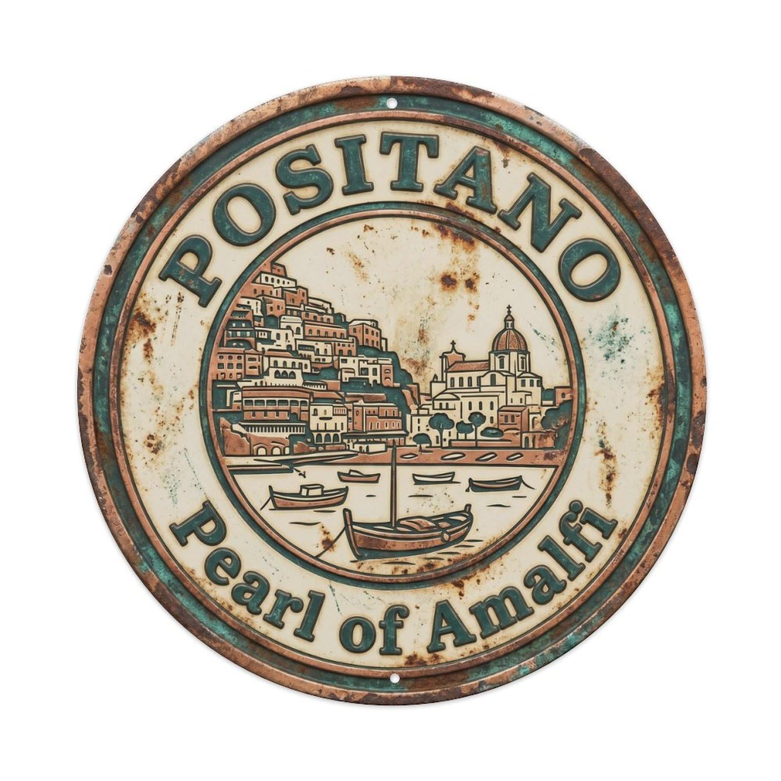 Vintage Travel Positano Italy Legacy Metal Tin Sign Plaque Wall Decor for Cafe, Club, Garden Round Metal Poster 8x8Inch
