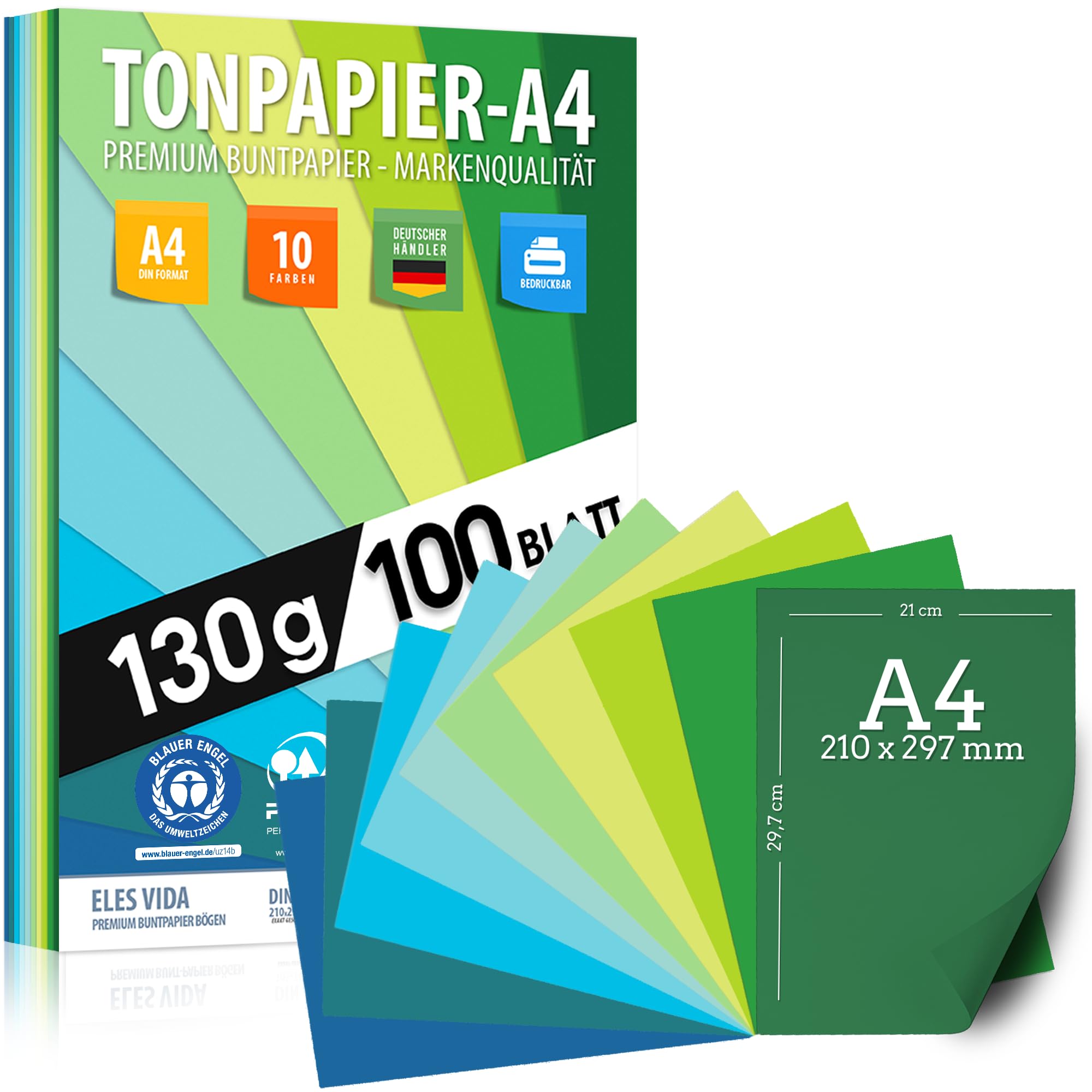 ELES VIDA Tonzeichenpapier DIN A4-100 Blatt - Farben – Festes Papier - Farbige Pastel Blätter für Schule, Hobby - Kinder & DIY Bögen (Marinetöne, A4)