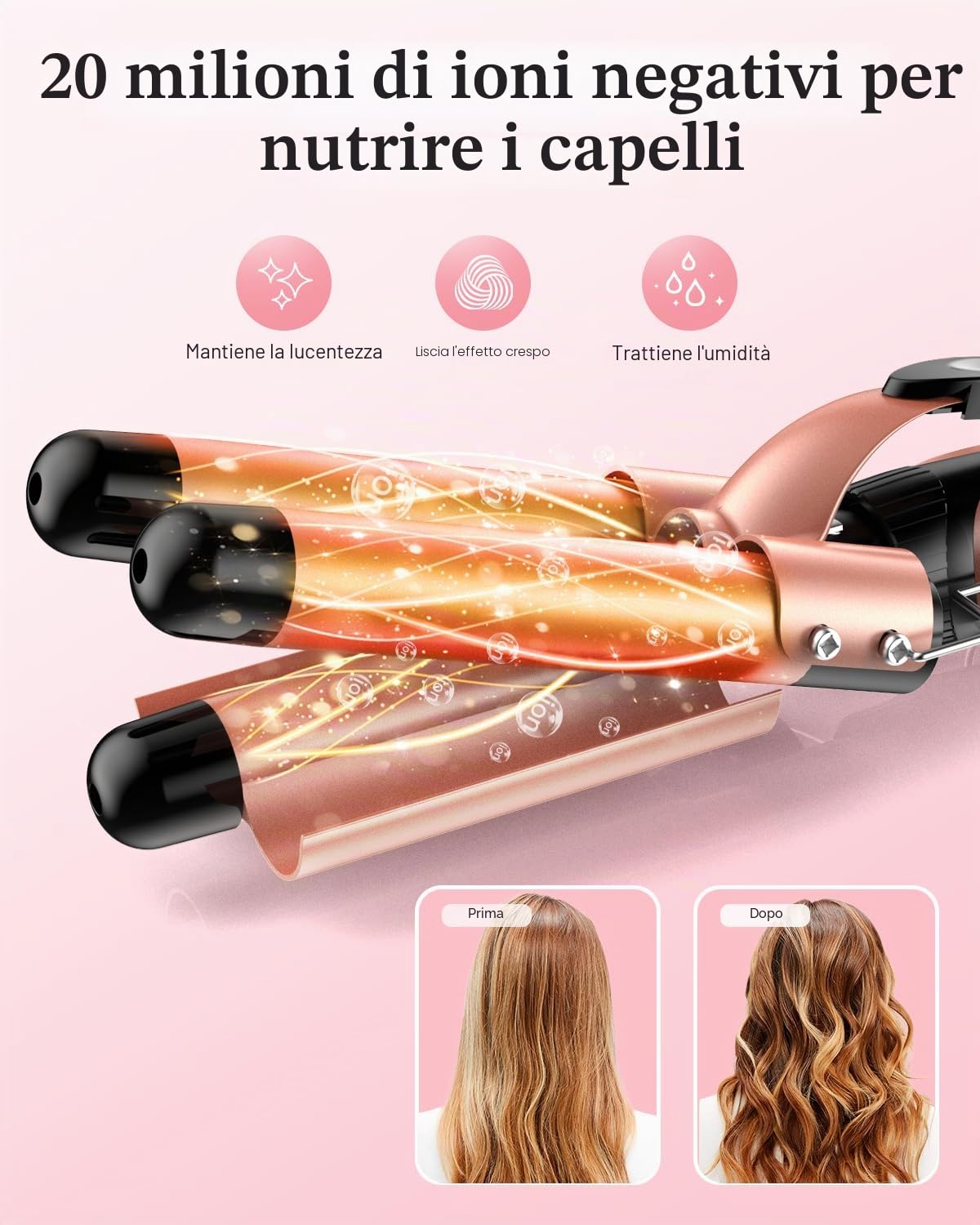 BESTOPE PRO Set Ferro Onda 5 in 1 - Include 3 cilindri in ceramica per creare grandi onde, inclusa regolazione della temperatura, riscaldamento rapido e guanto, 2 clip, oro rosa