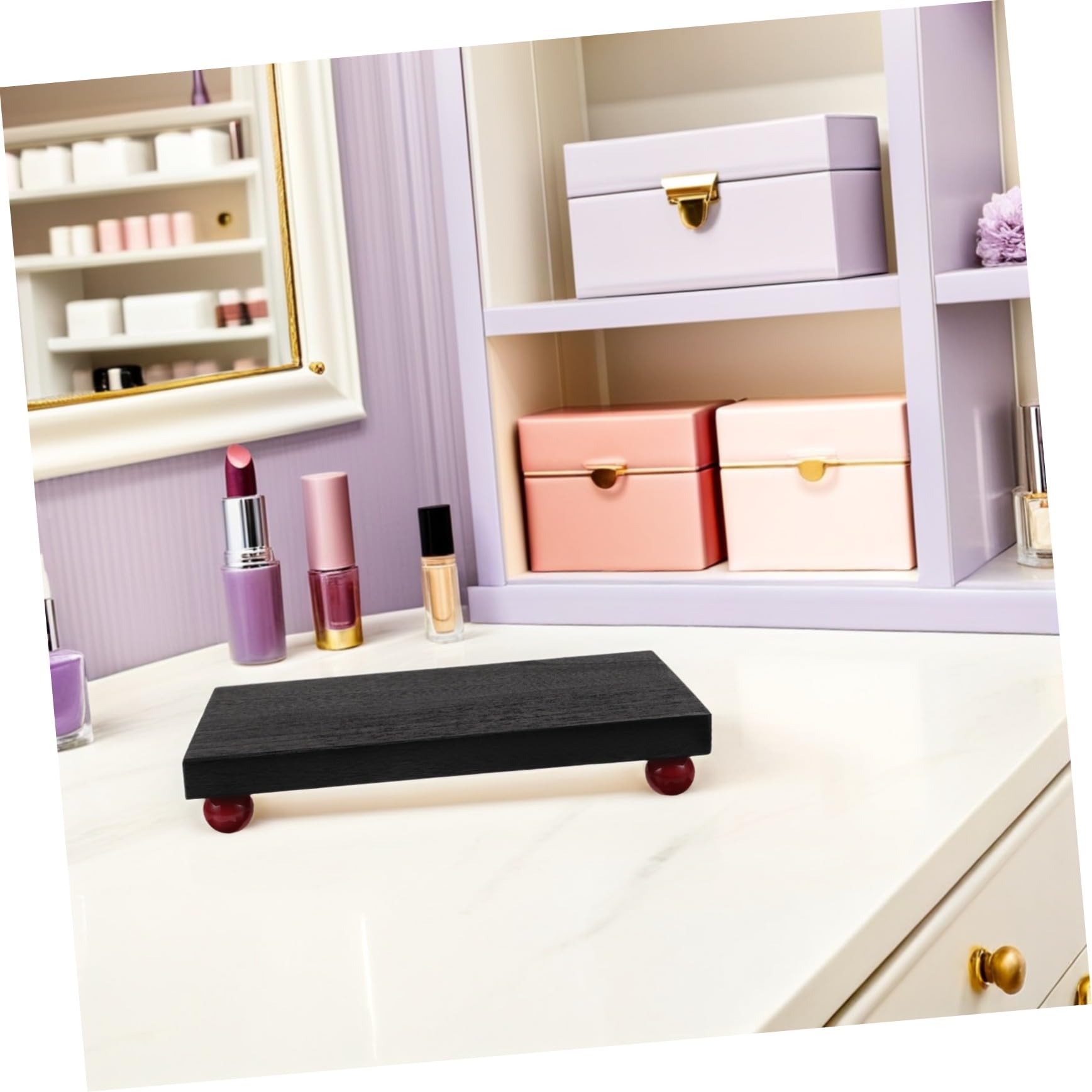 Vassoio Rettangolare in Legno Nero per Profumi e Cosmetici | Uso Versatile su Bagno o Studio, Piano Organizer per Oggetti e Profumi, Formato Compatto da Tavolo
