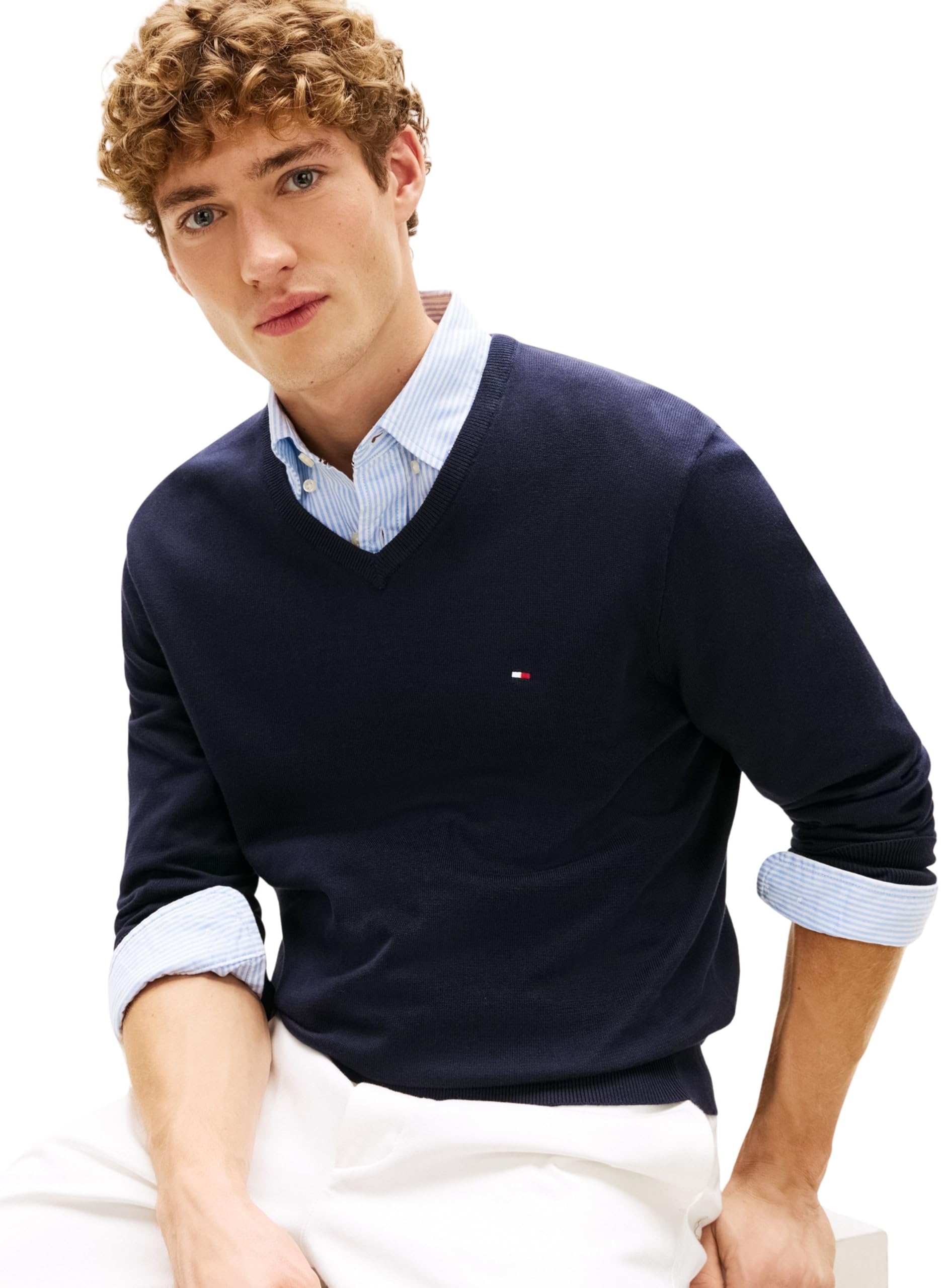Tommy Hilfiger Maglione da Uomo Essential Cotton con Scollo a V MW0MW42249DW5004, Blu, L