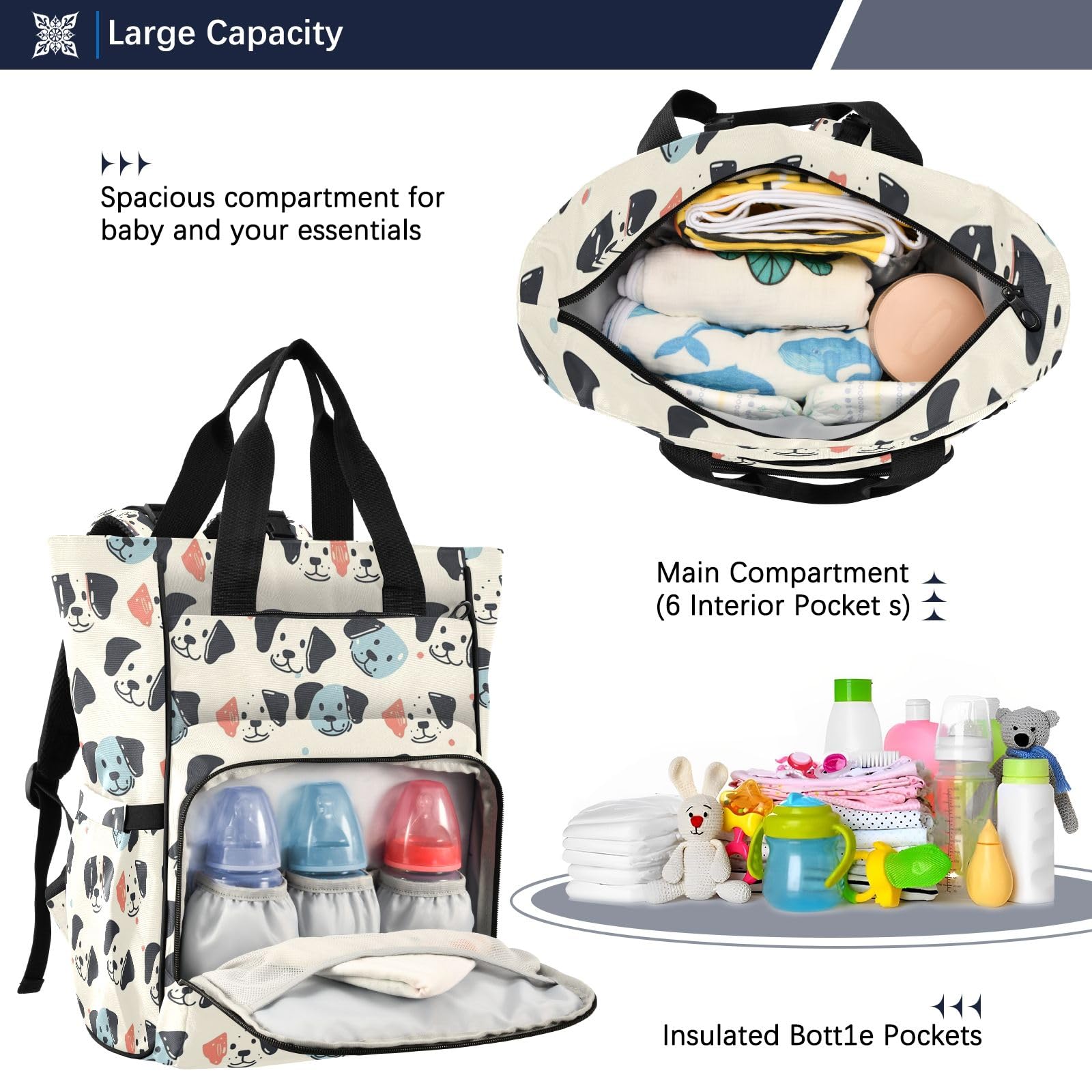 Mnsruu Borsa per pannolini per bambini con testa di cane carina borsa grande borsa impermeabile da viaggio borse per pannolini per mamme e papà