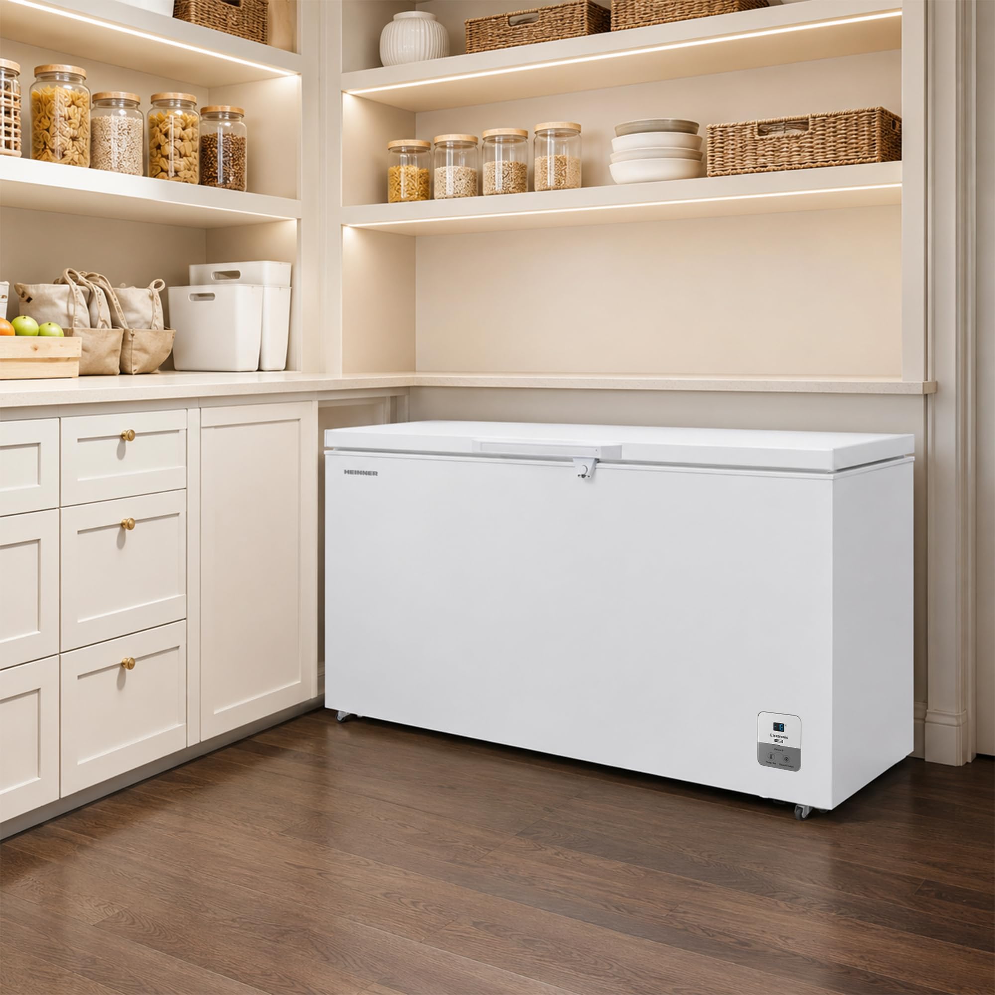 HCF‑HS500EE++ – Gefriertruhe 500 L – Energieeffizienzklasse E – Elektronisch gesteuert, LED‑Display & Innenbeleuchtung, Schnellgefrierfunktion, Weiß - Jahre Garantie