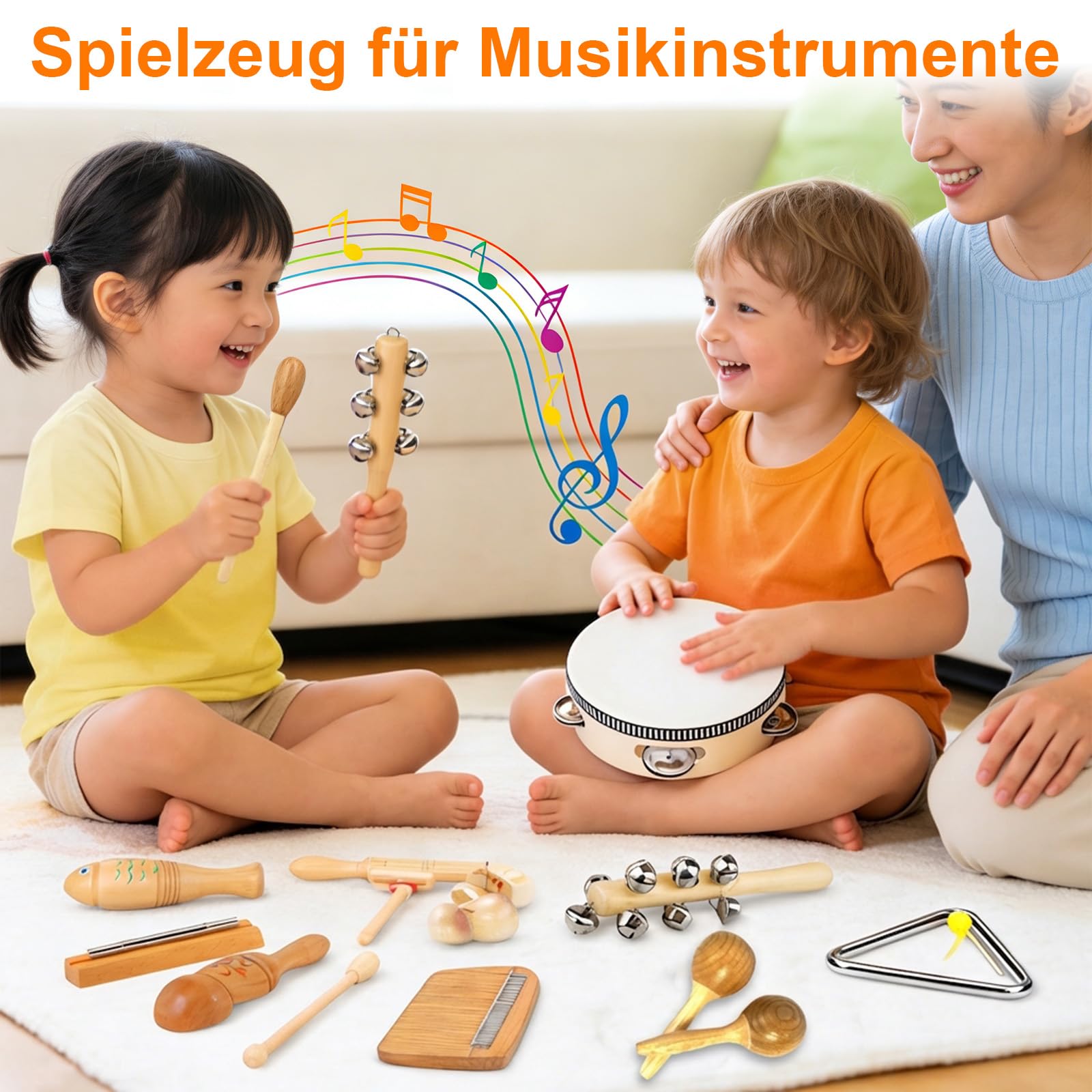 14-TLG Musikinstrumente Set für Rhythmik & Musikalische Früherziehung, Musik-Set aus Holz mit Maracas, Handglocken, Tamburin, Triangel, Holz-Guiro, mehr & praktischer Aufbewahrungstasche