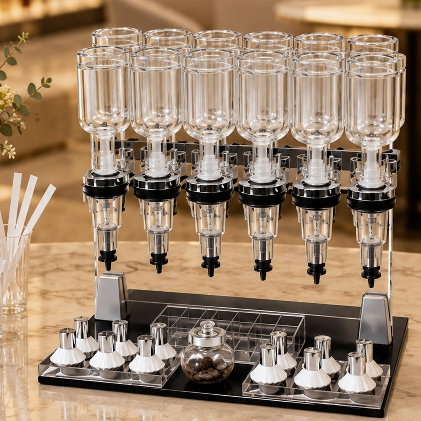 Ręczny Dozownik Perfum z 12 Butelkami 200 ml i Przezroczystym Organizerem | Szklane Butelki, Metalowe Wsporniki i Akrylowe Części Tworzą Uporządkowany Układ z Łatwym Dostępem do Zapachów