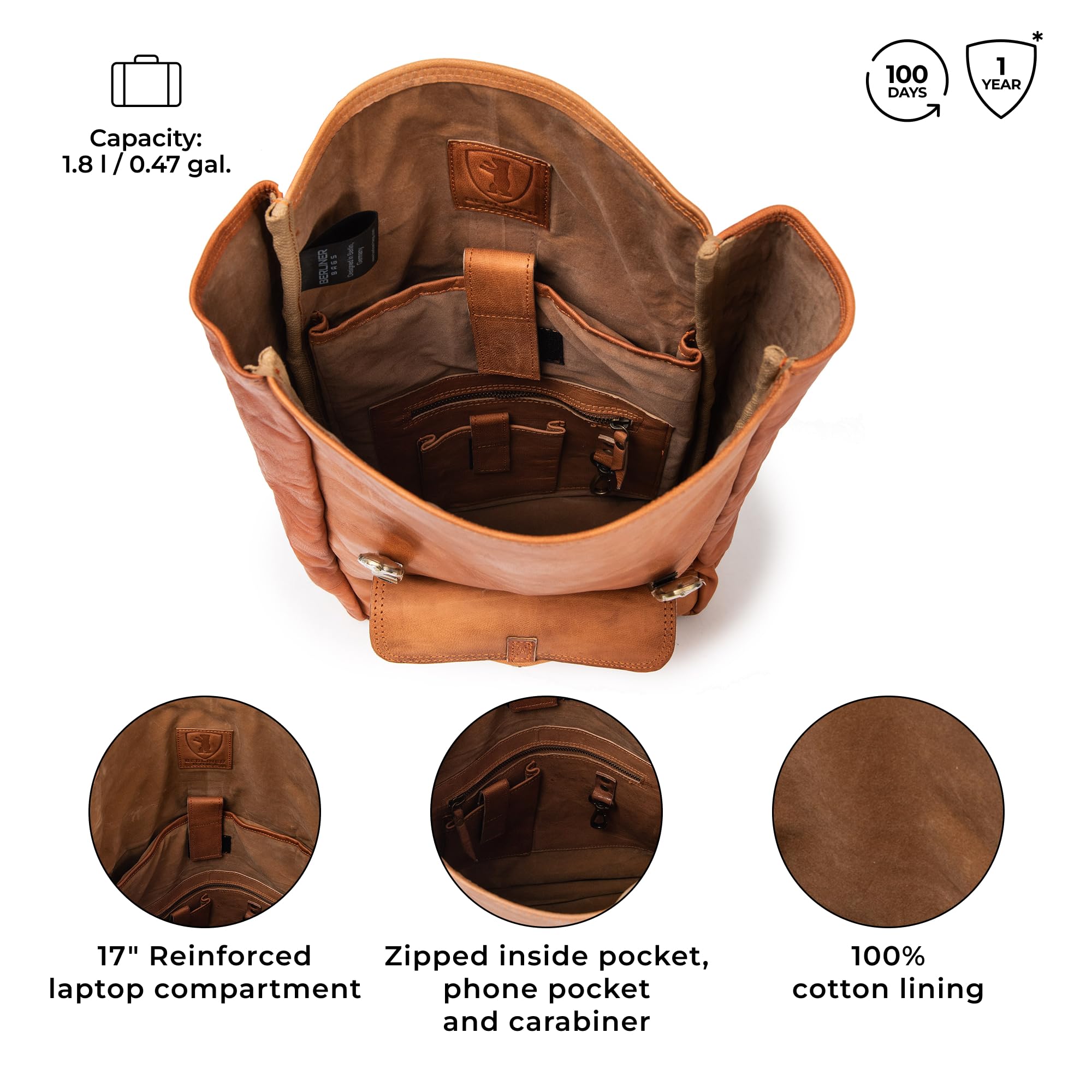 Berliner Bags Leeds Mochila de Piel Auténtica con Compartimento para Portátil y Diseño para Ciclistas, para Hombre y Mujer – Marrón