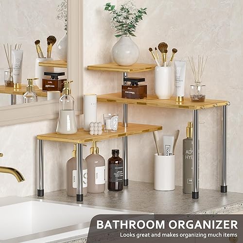 Miniatura 3 de Organizador de encimera, estante esquinero móvil de 3 niveles para encimera de cocina, baño, estante de especias de bambú, área de café, estante de