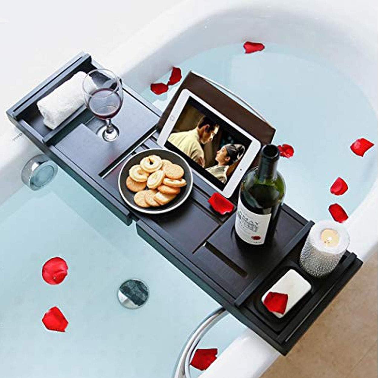 Bamboo Bathtub Caddy Tray, Expandable Bath Tray for Tub with Adjustable