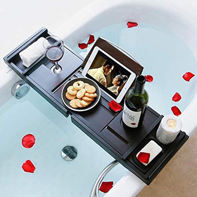 Bamboo Bathtub Caddy Tray, Expandable Bath Tray for Tub with Adjustable Reading Rack (Black)