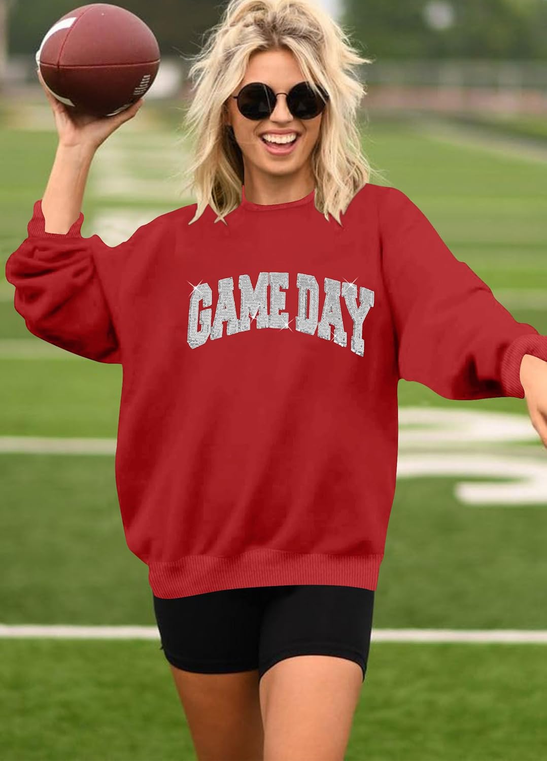 Game Day Sweatshirt for Women Sequin Football Long Sleeve Shirt Crew Neck Sunday Funday Pullover Tops - Image 4