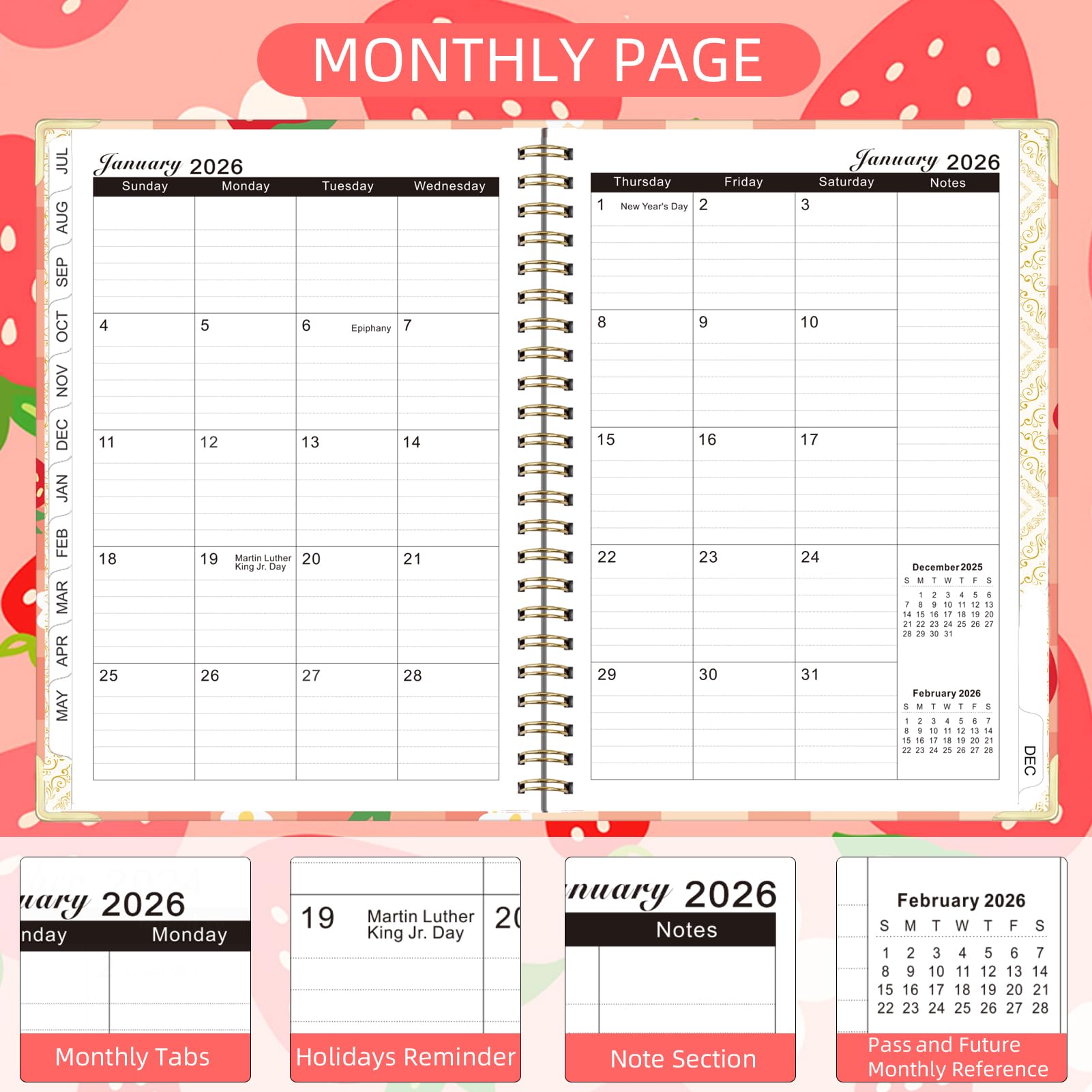 Knagsfa 2026 Planner, Jan.2026 - Dec.2026 Planner Weekly and Monthly 6.25"x8.5" with with Page Tabs, Calendar Hardcover with Inner Pocket, Elastic Band, Twin-Wire Binding, Bookmark, Strawberry Flower - Image 3