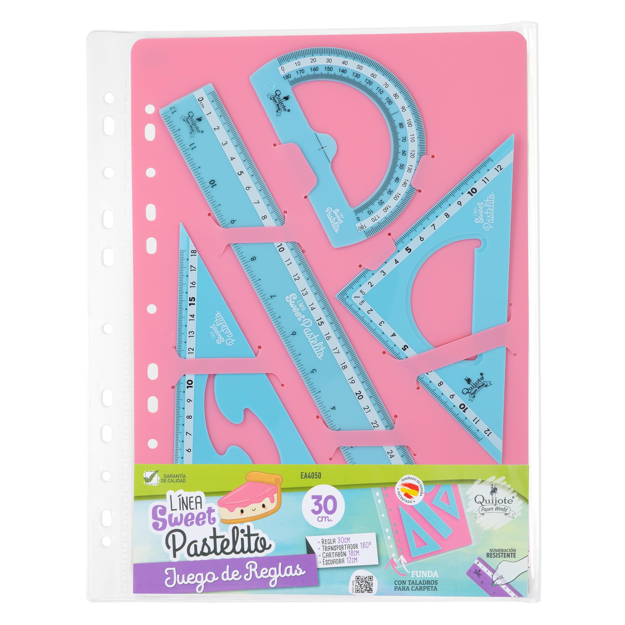 REGLAS DE PLÁSTICO QUIJOTE - Reglas Sweet Pastelito, medidas desde 9 hasta 30cm, colores pastel, con estuche de plástico, para uso escolar o universitario - Set 30cm Azul