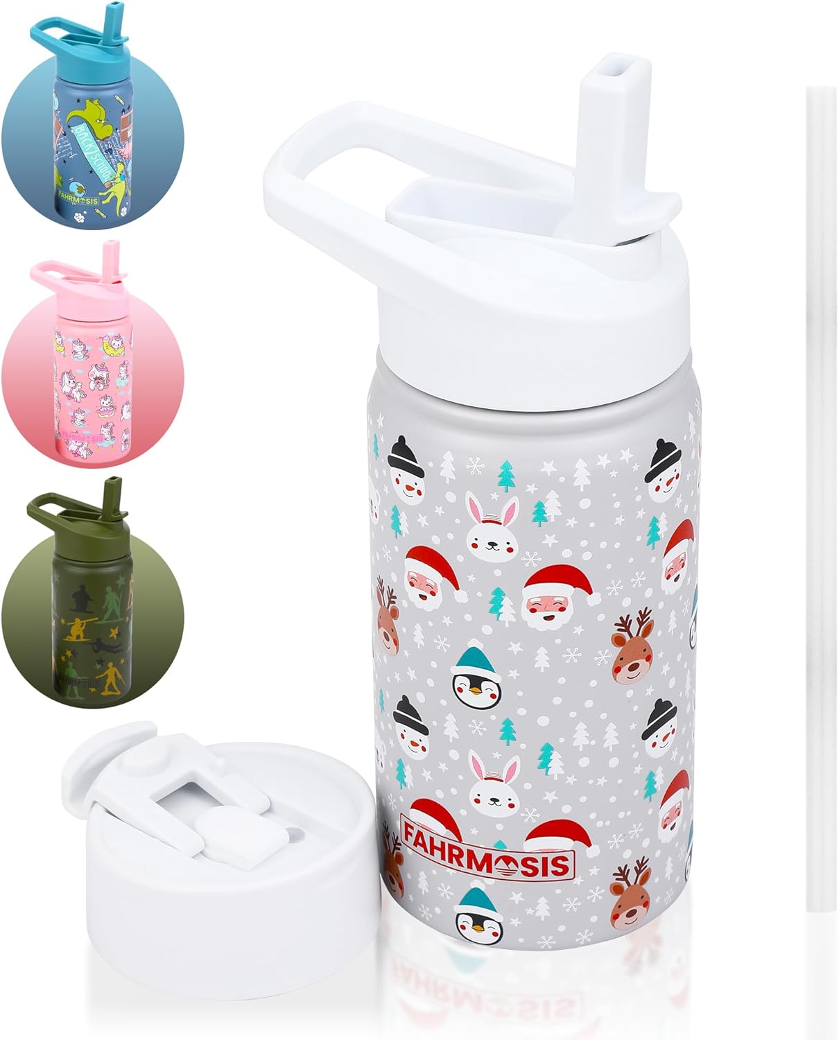 FAHRMOSIS 14 OZ Kids Water Bottle with Straw & 2 Lids (Flip & Spout) Leak Proof Metal Insulated Stainless Steel Reusable Tumbler for School & Sports Water Bottle – White (Winter)