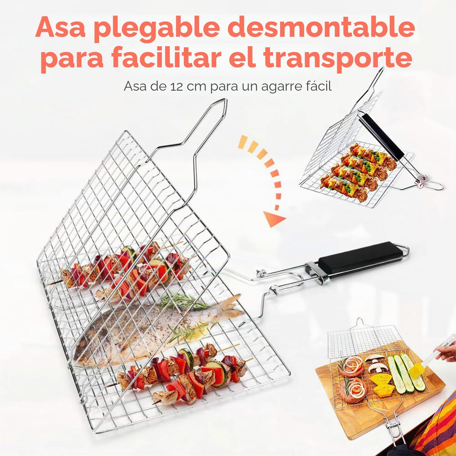 2 cestas portátiles para barbacoa, cesta plegable para pescado, cesta de red plegable de acero inoxidable con asa de madera extraíble para pescado asado, brochetas, verduras, filetes y camarones