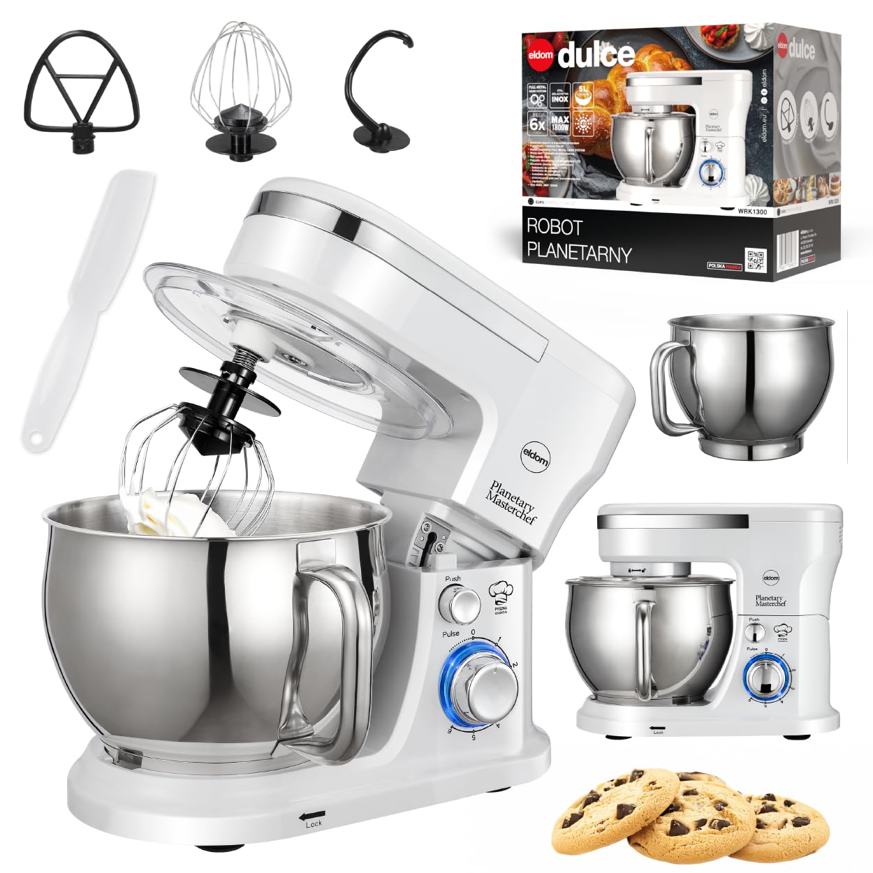 Küchenmaschine 1300W, Planetarische Rührmaschine 5L, 6 Geschwindigkeiten + Pulse, Metallgetriebe, Teigmaschine mit Knethaken, Schneebesen & Rührhaken, weiß WRK1300 Eldom