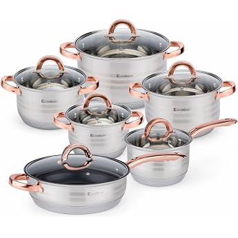 EliteHoff Induction Cookware Set with Glass Lid 7-Layer Stainless Steel Pot & Pan Sets with Lid Rose Gold Handles Cookware Set for All Hobs 12-Piece