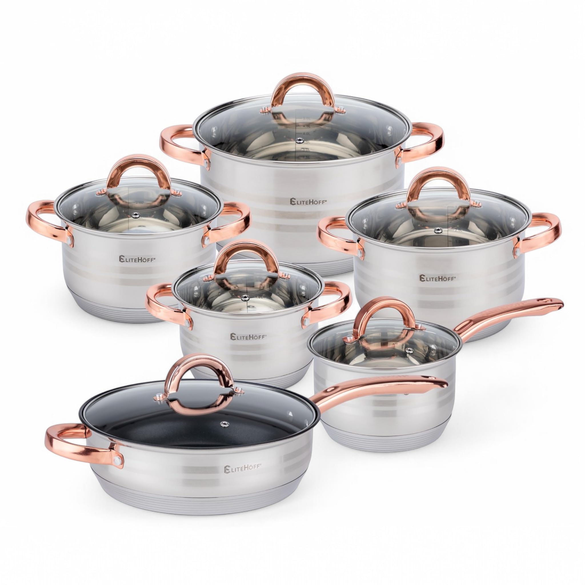 EliteHoff Topfset Induktion, Kochtopf Set mit Glasdeckel, 7-lagiger Edelstahl Topf- & Pfannensets mit Deckel, Griffe in Roségold, Kochgeschirr Set für alle Herdarten (12-teilig)