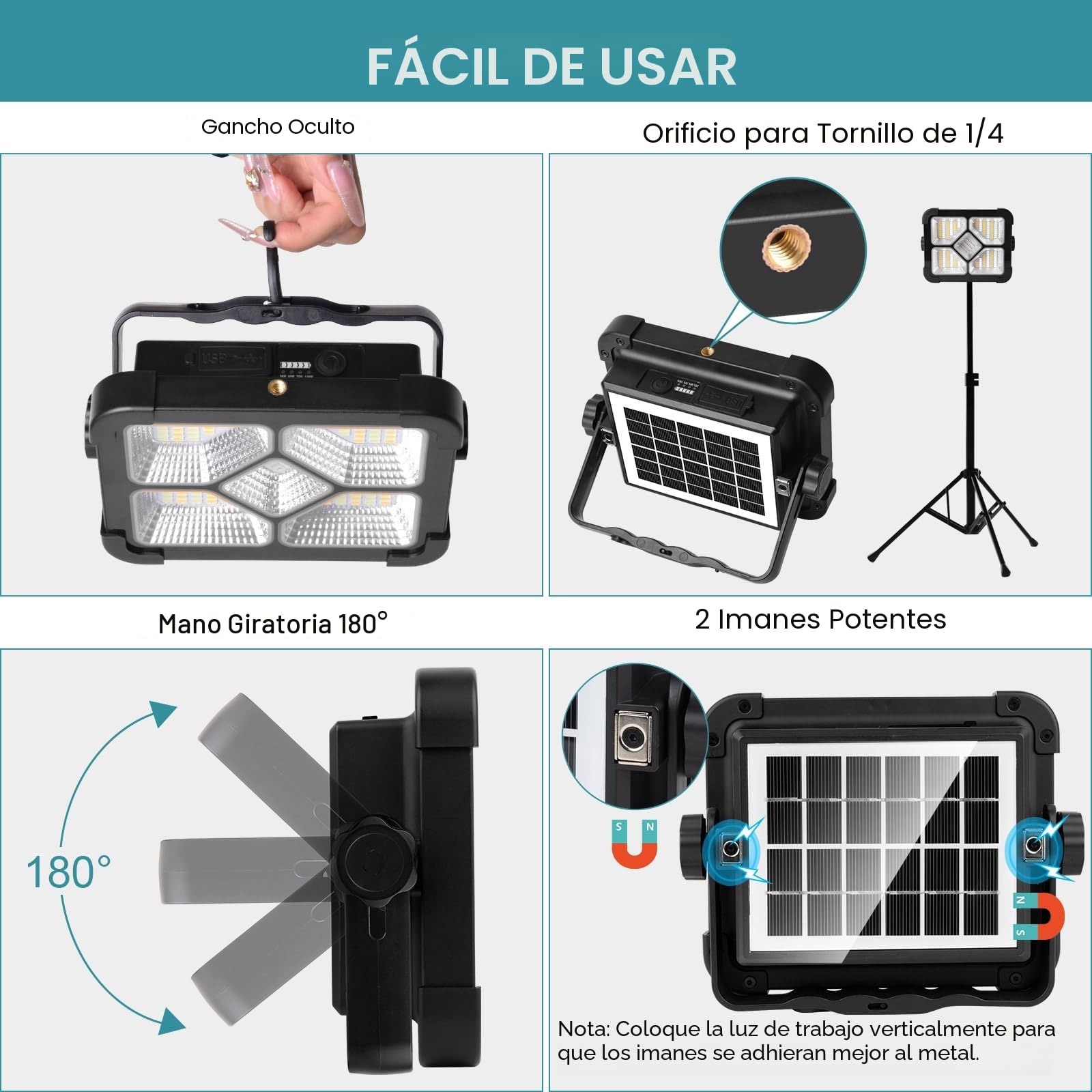 ERAY Foco LED Recargable 6000mAh Batería - 174 LEDs, 4 Modos, IP66, Panel Solar, Banco de Energía, Portátil Luz de Trabajo para Camping, Emergencia, Trabajo, Pesca