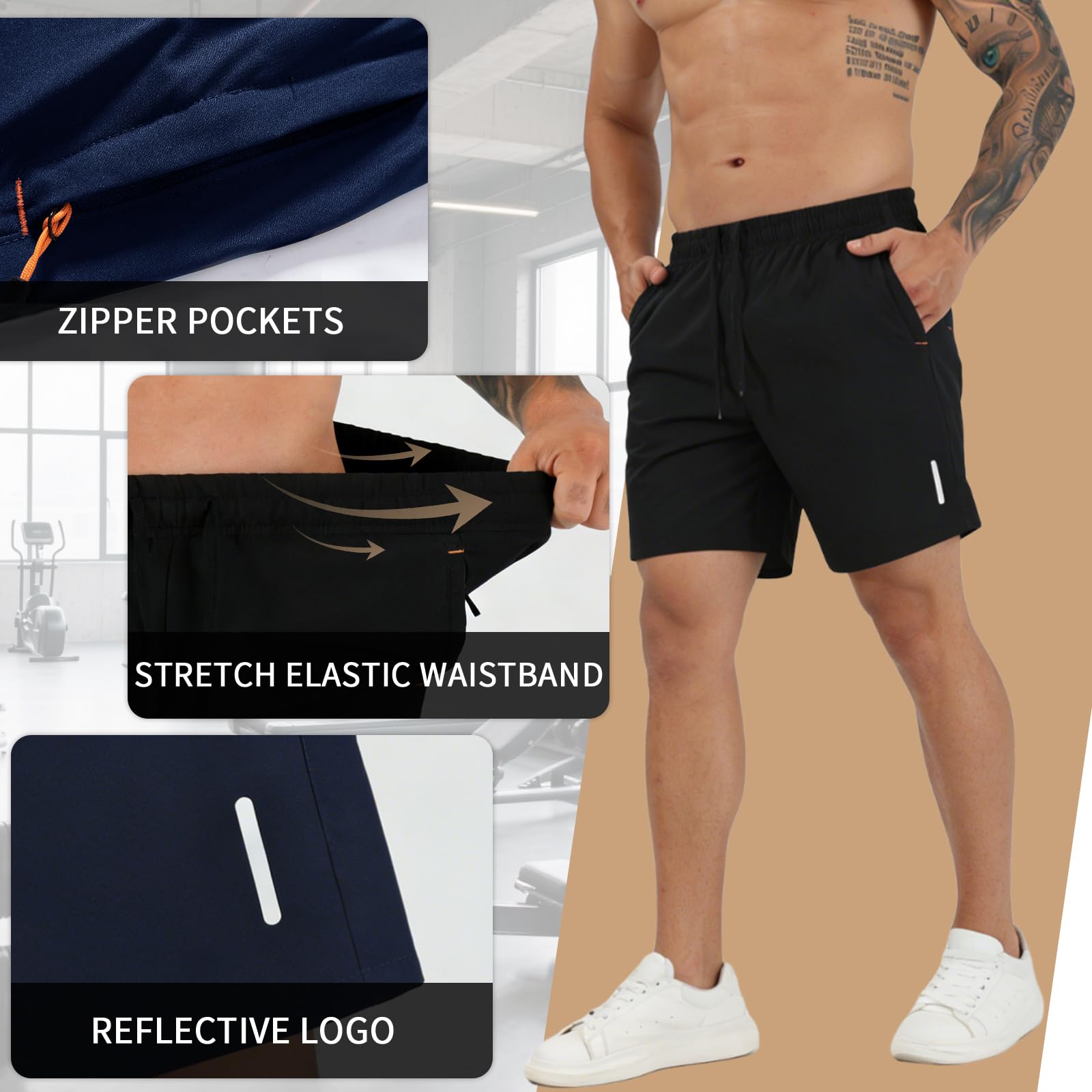 SHAGGA Paquete de 3 pantalones cortos de gimnasio para hombre, ligeros, de secado rápido, entrepierna corta, 7 con bolsillos con cremallera para correr, fitness y joggers - 4