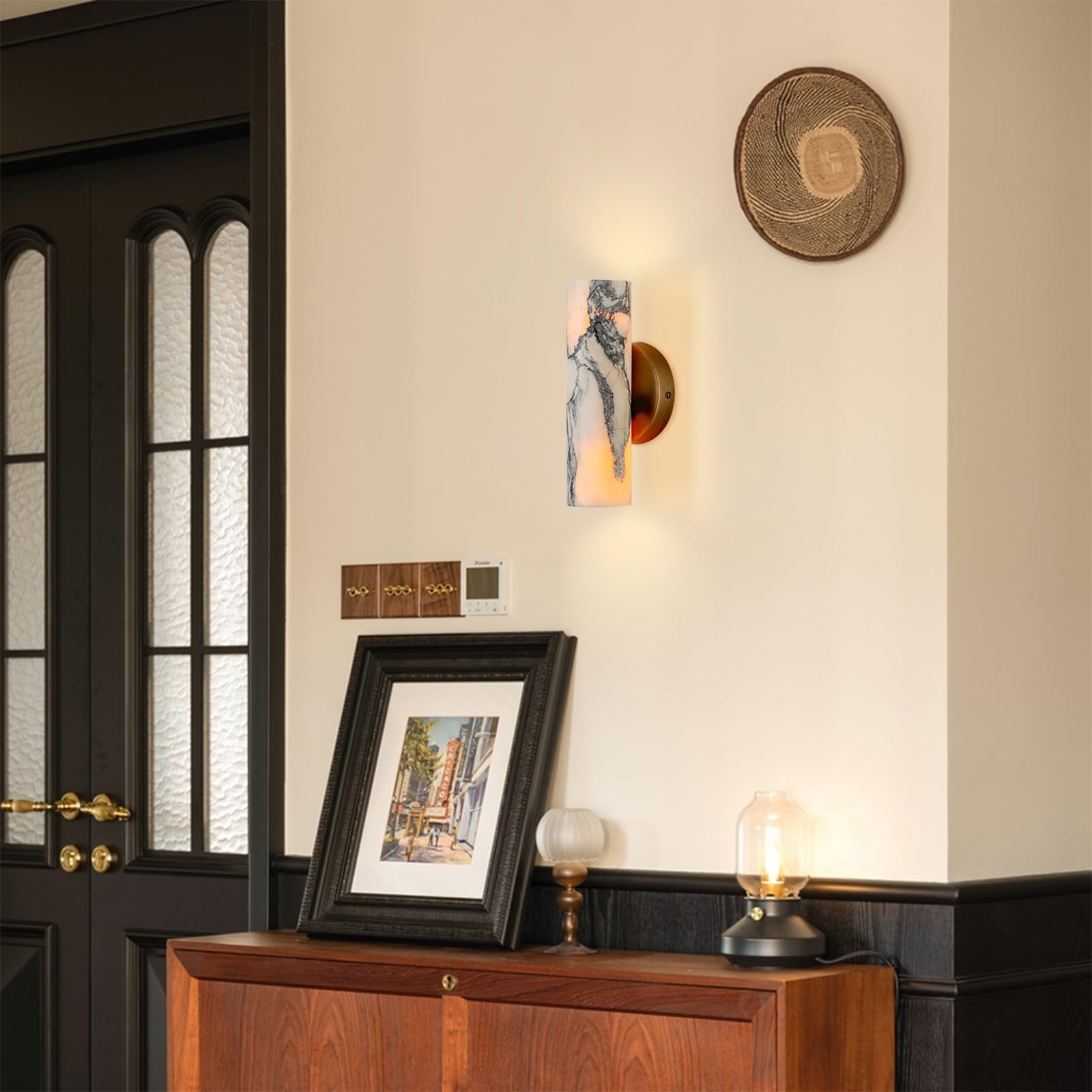 9.45" Alabaster Wall Sconces, Metal Round Base lamp, Modern Bathroom Vanity Lighting, Cylinder Spanish Marble Light for Living Room, Bedroom, Hallway, Stairs