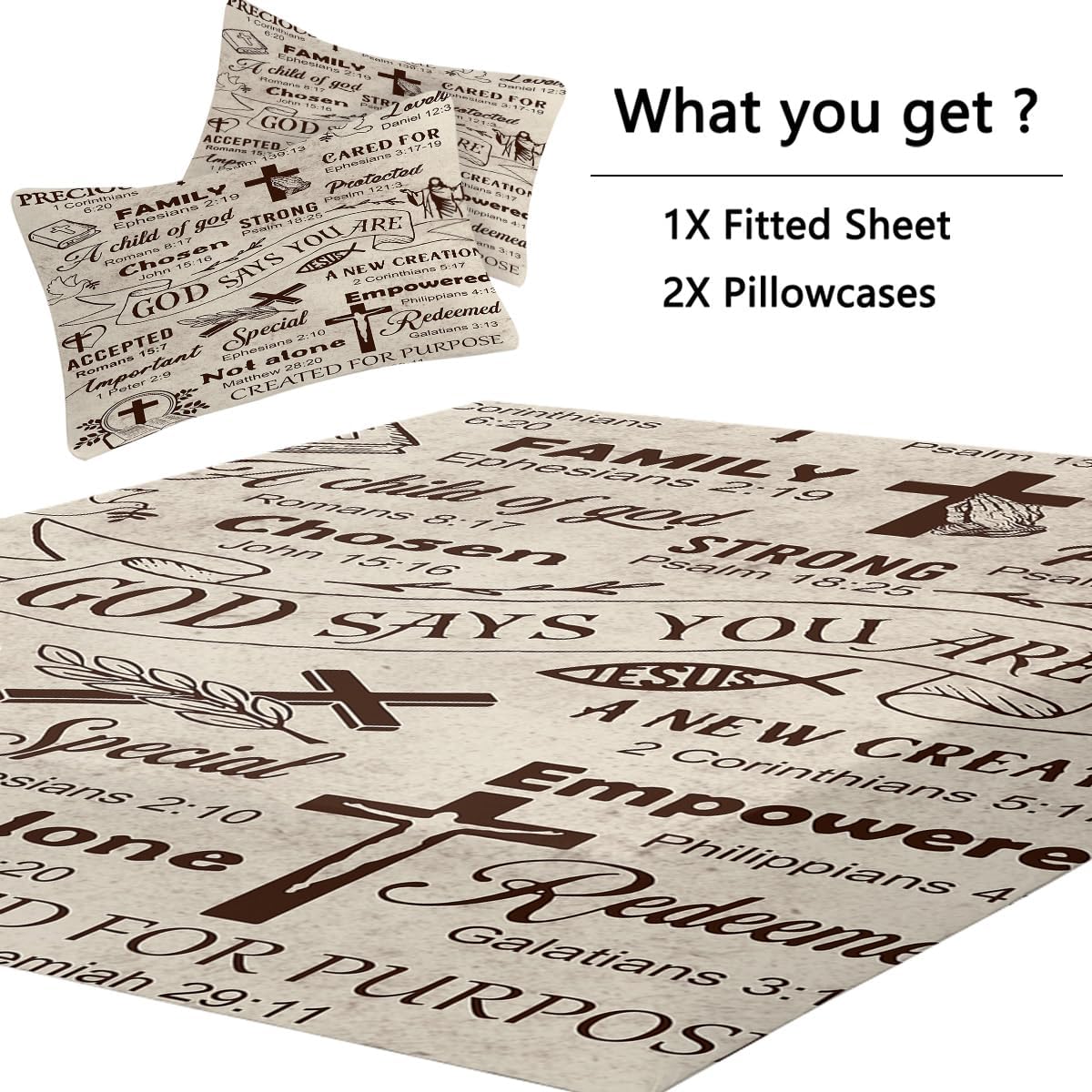 SOULZZZ God Cross King Sheet Set with 16" Deep Pocket Jesus Letter 3 Piece Kids Boys Girls Bed Sheet, Christmas Bedding Sheets 1 Fitted Sheet and 2 Pillowcases