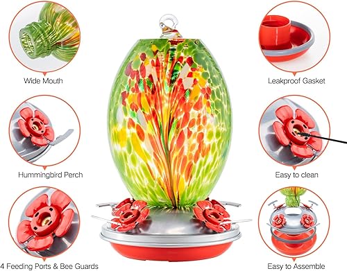Miniatura 80 de Muse Garden - Comedero de vidrio soplado de 27 onzas para colibríes para exteriores; regalo p/mamá, mujeres, abuelos, decoración de jardín p/colgar