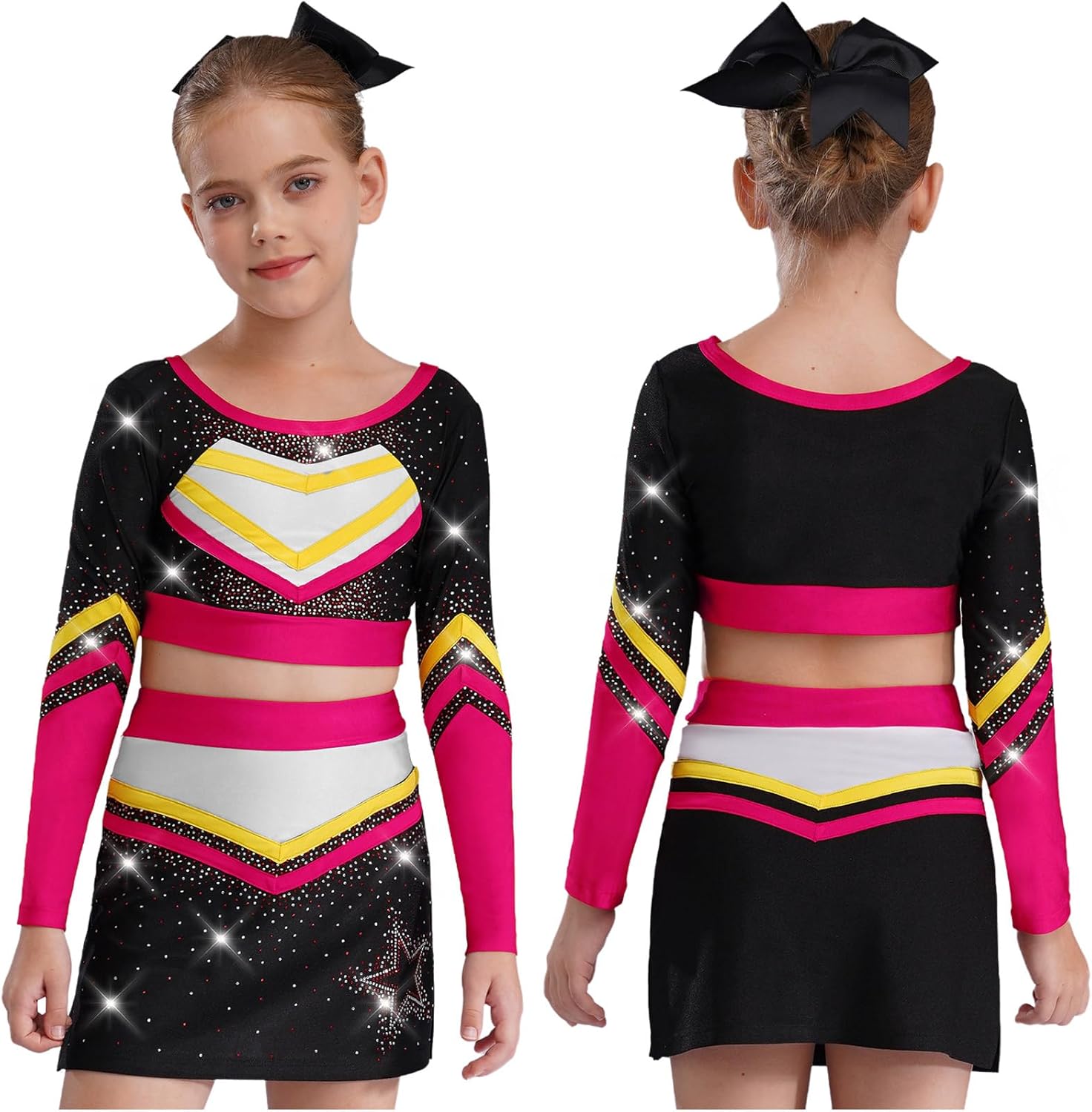 Aislor Girls Cheerleading Outfit Cheer Leader Uniform Themed Party Competitions Shiny Apparel Performance Clothing Hot Pink 12 Years