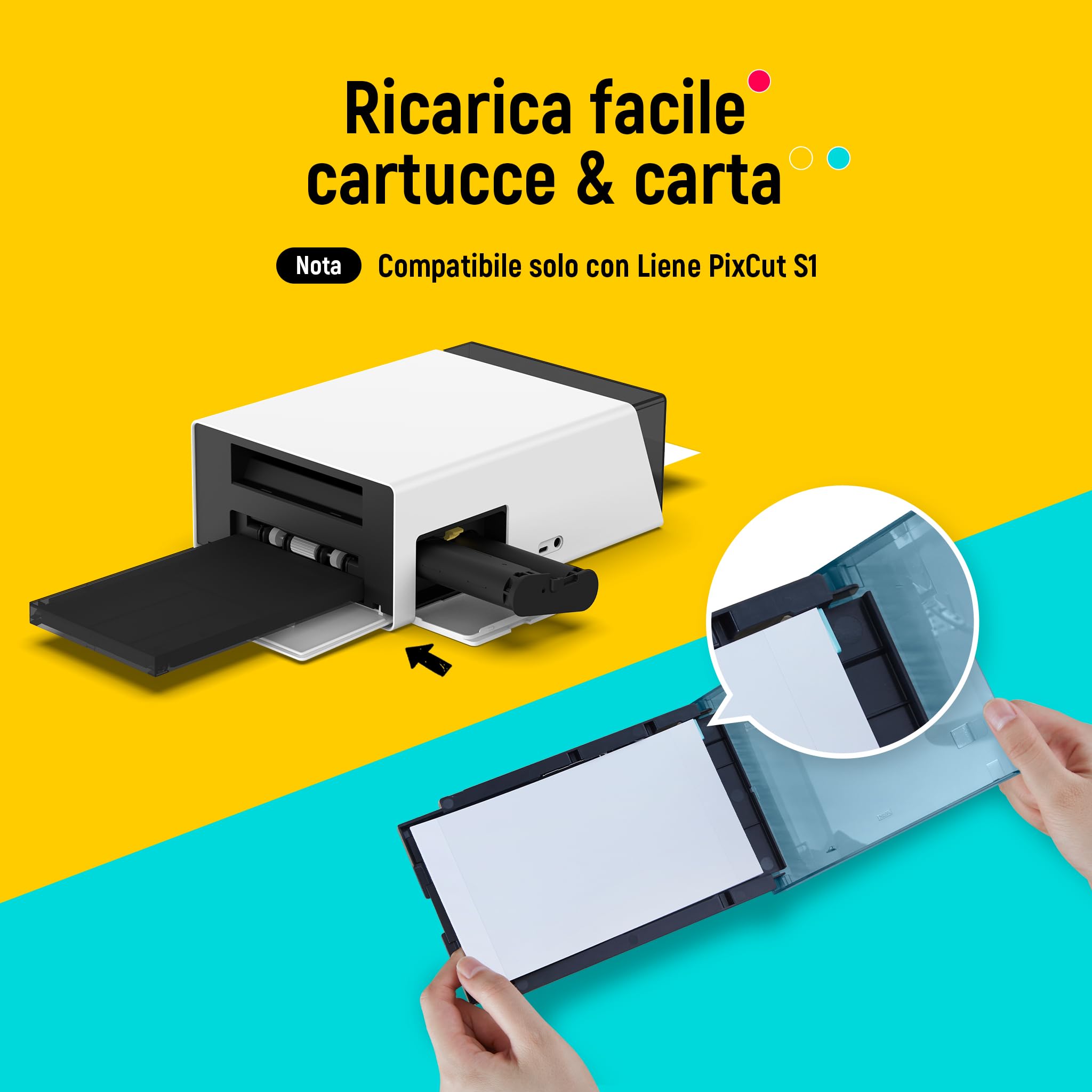 Liene Carta Fotografica & Cartucce - 2 ricariche & 72 fogli 10x15 cm, Sublimazione termica, resistente ad acqua & ossidazione, compatibile con Liene PixCut S1