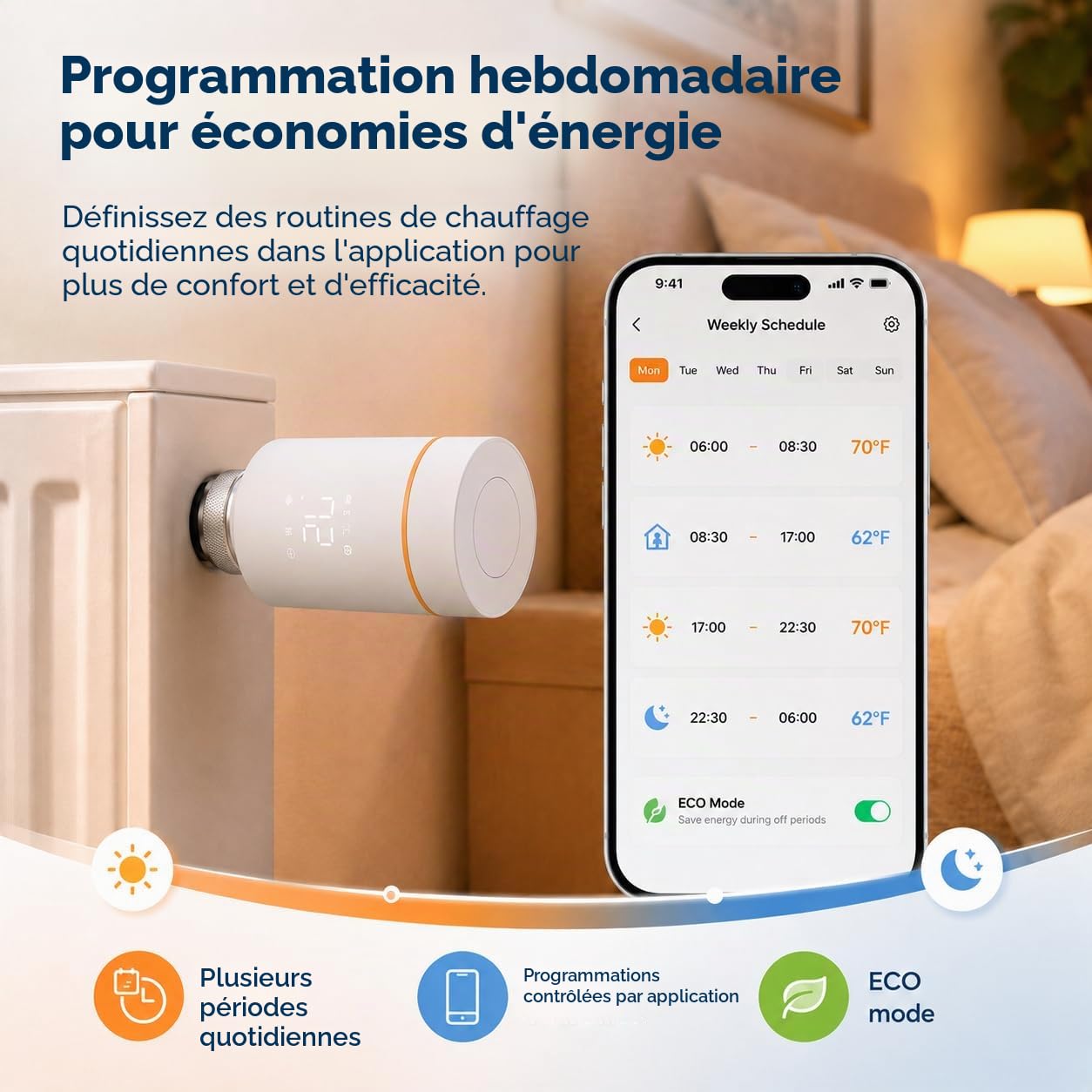 Yasorn Thermostat Wi‑FI 2,4 GHz pour Radiateur avec Molette, LED & Contrôle App, Compatible Alexa/Tuya, Installation Facile Maison & Bureau, Programmation Hebdomadaire
