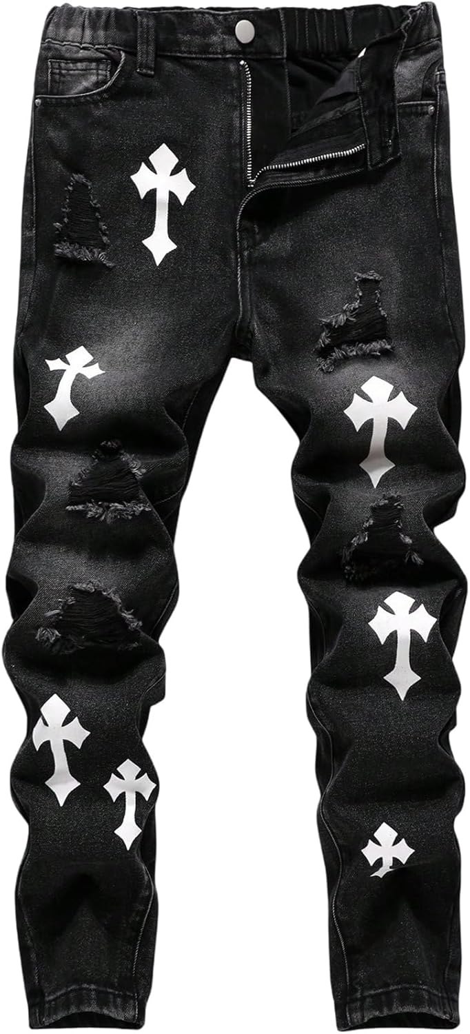 Floerns Boy's Street Denim Pants Cross Print Distressed Ripped Y2k Tapered Jeans
