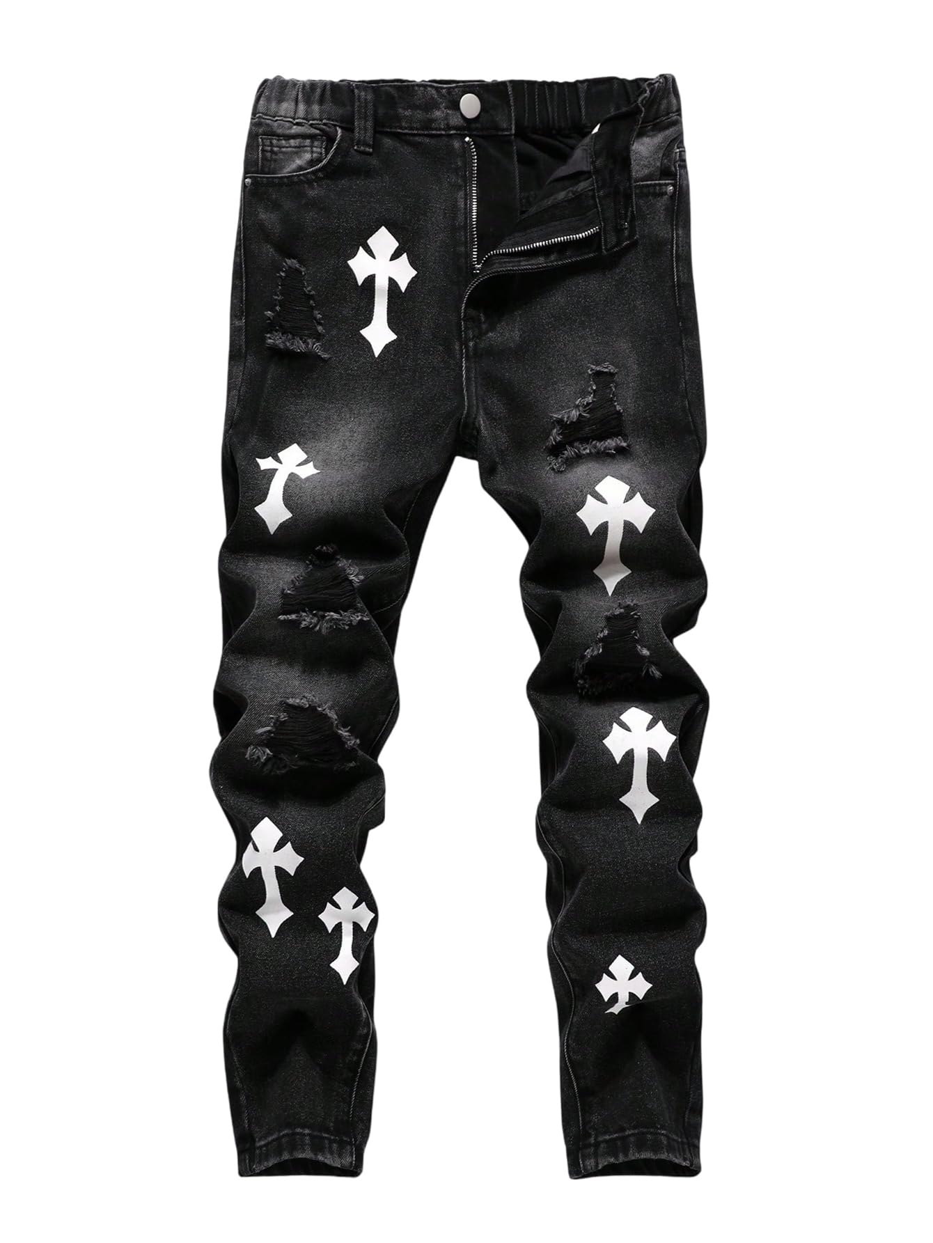 Boy's Stacked Ripped Skinny Jeans Cross Graphic Stretch Distressed Denim Pants Streetwear