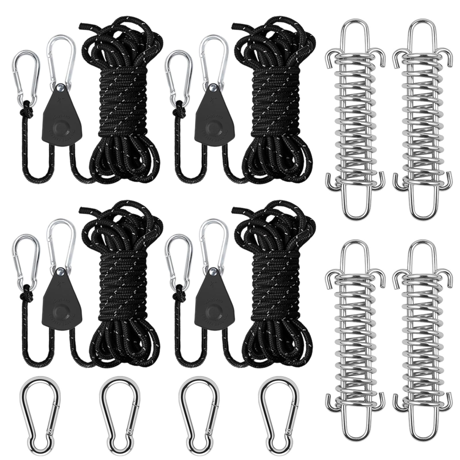 4 PCS Reflective Tent Guy Ropes, 4mm Tent Camping Cord with Pulley, 4M Heavy Duty Guide Buckle Rope with Aluminum Adjuster with High-strength Stainless Steel Rope Buckle for Outdoor, Camping, Hiking