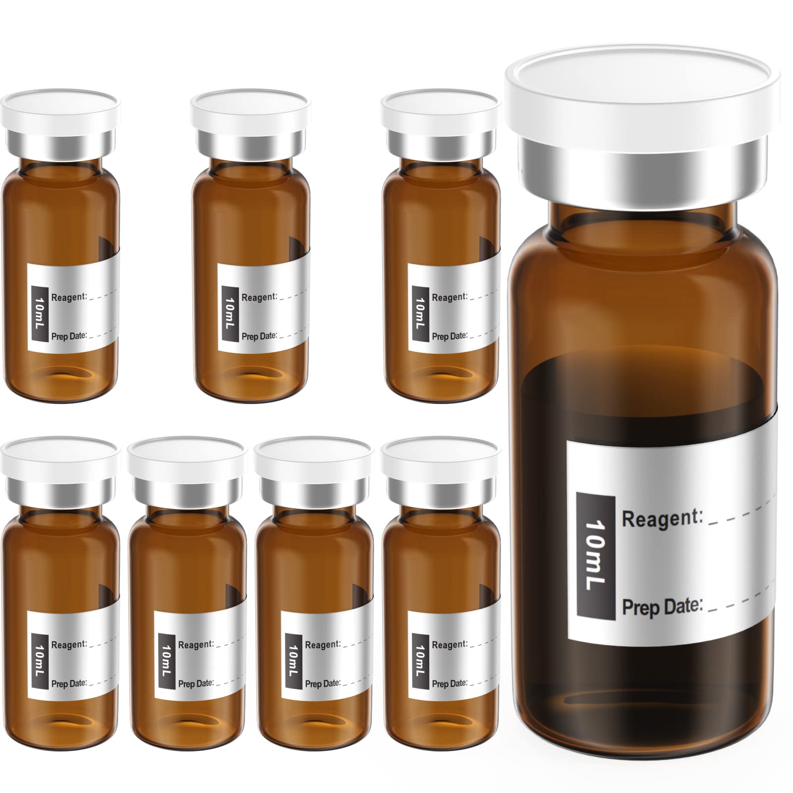 Biomed Solutions Flaconcino sterile vuoto sigillato con tappo in gomma butilica e chiusura a scatto, tubo di vetro borosilicato di tipo 1, confezionato singolarmente (10 ml, 8 pezzi (ambra))