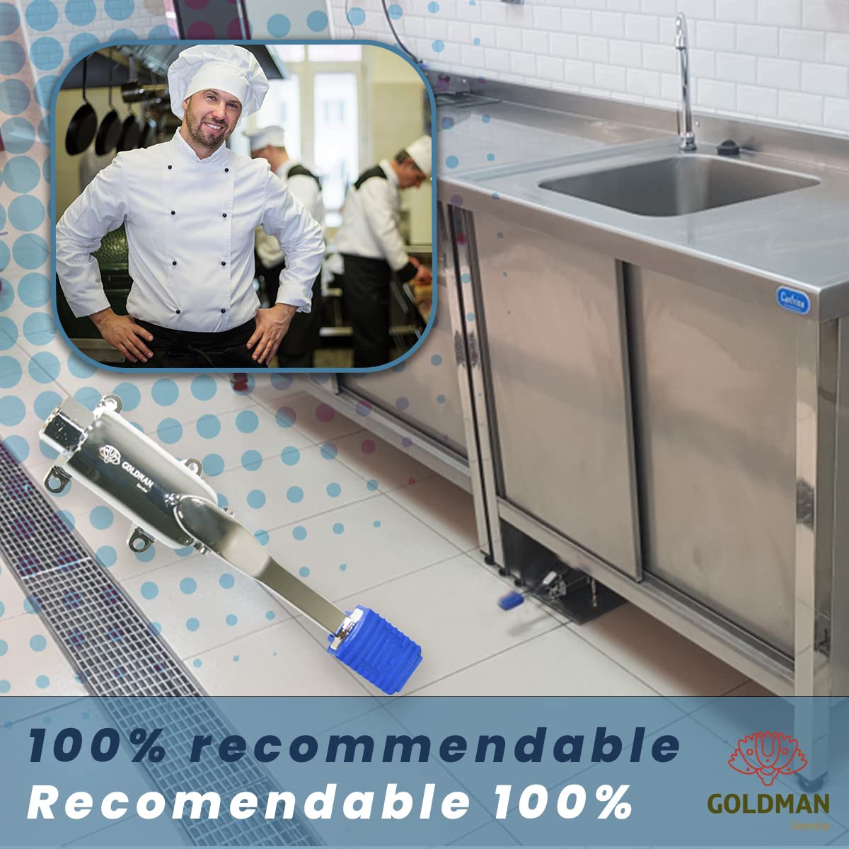 GOLDMAN SERVICE Set de Grifo Pedal para Fregaderos Industriales Hostelería - Caño Alto - Latiguillo - Adaptador conexión para dos aguas Fría - Caliente