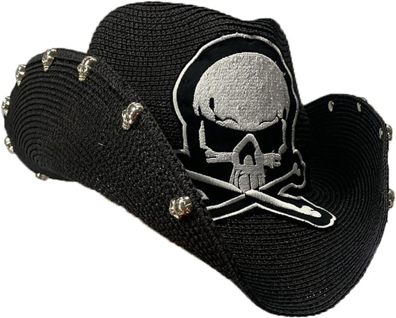 Cowboy Hat,Embroidery Skull Decors Women Men Straw Weaving Hat for Spring Elegant Lady Man Sunproof Cosplay Hat