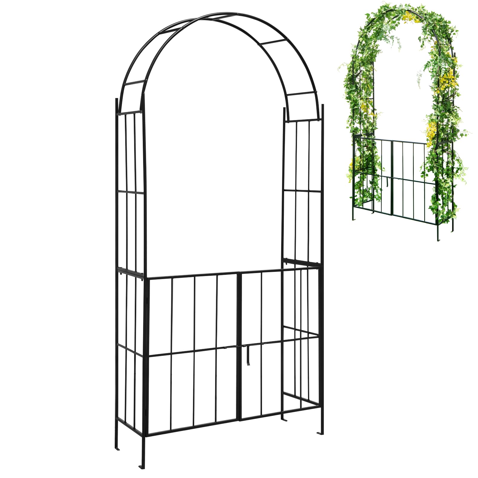 COSTWAY Garden Arch with Gate, Metal Pergola Arbor Trellis for Climbing Plant Rose Vines, Heavy Duty Plants Support Archway for Lawn Backyard Party Wedding (with Line Pattern, 110 x 35 x 230cm)