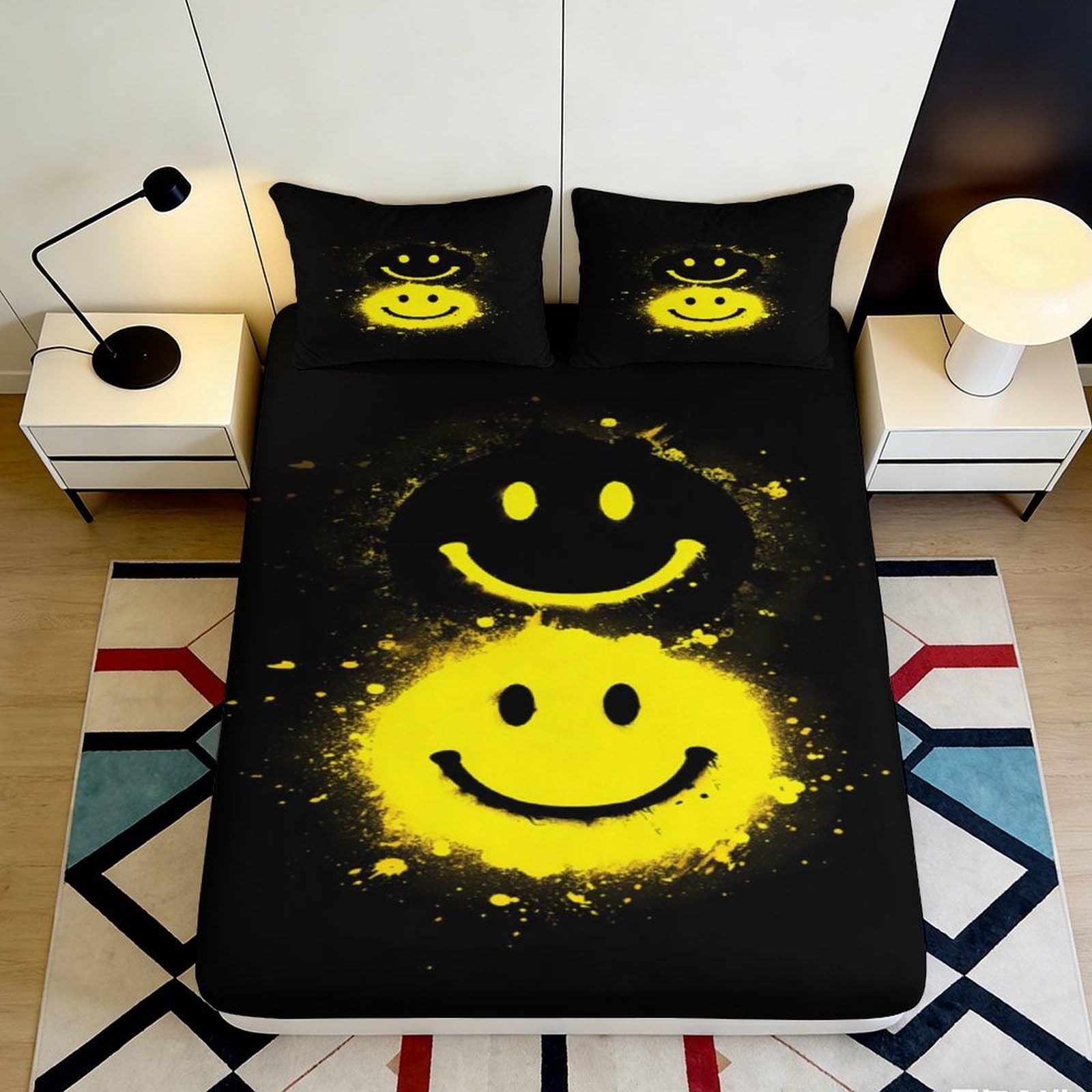 3D Printed Smiley Faces Fitted Sheet Microfiber Soft for Bedroom Dormitory Mattress Cover Black Yellow Decor 90x200x25cm