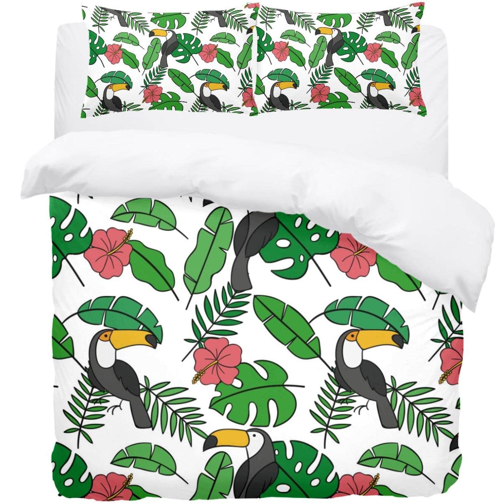 Housse de couette motif toucans tropicaux parure de lit rose vert