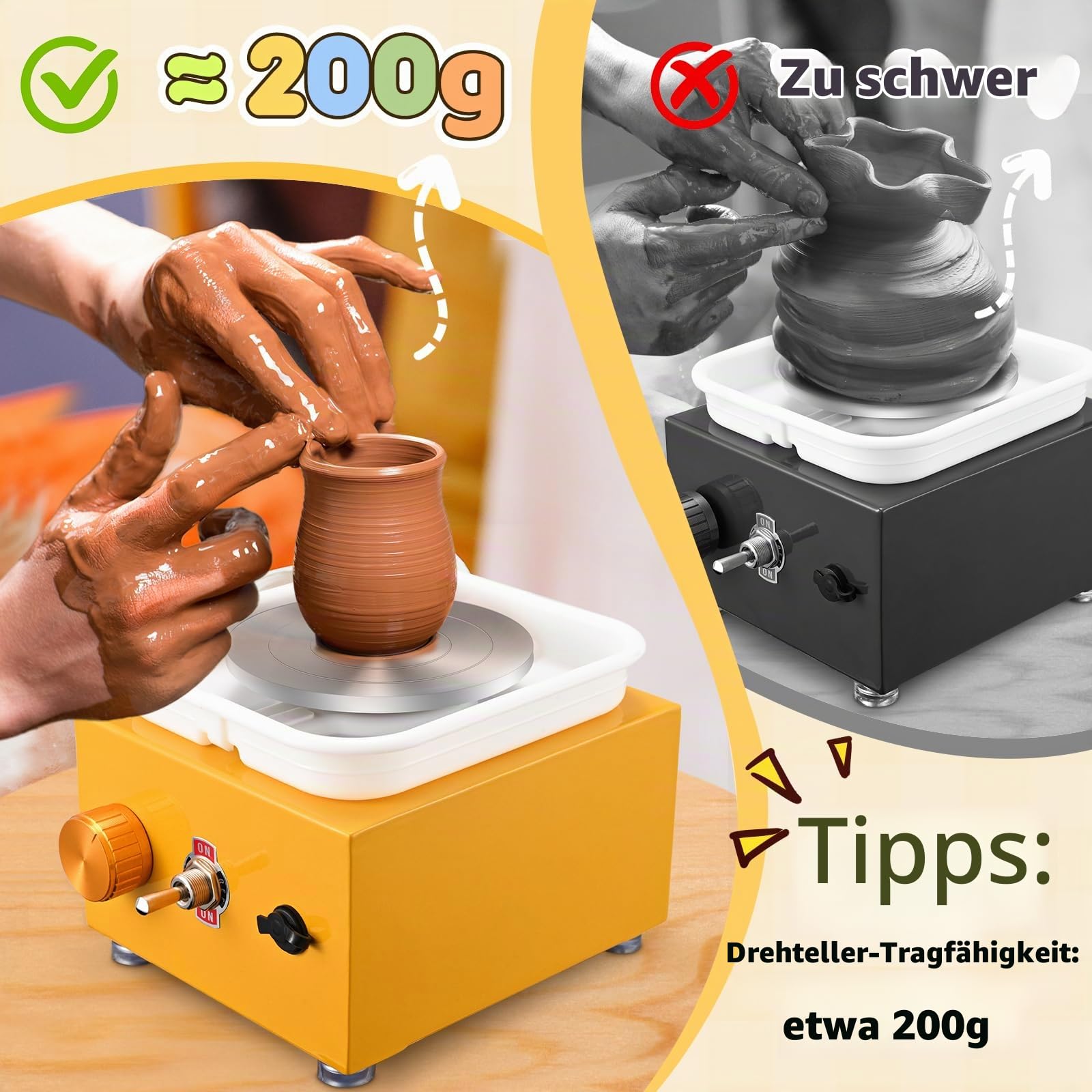Mini Elektrisch Töpfermaschine, Couleeur 2000RPM 10/6.5CM Einstellbare Geschwindigkeit Metall-Drehteller Töpferscheibe mit Tonformwerkzeug Geliefert und ABS-Becken für Töpfer-Heimwerker (Gelb)
