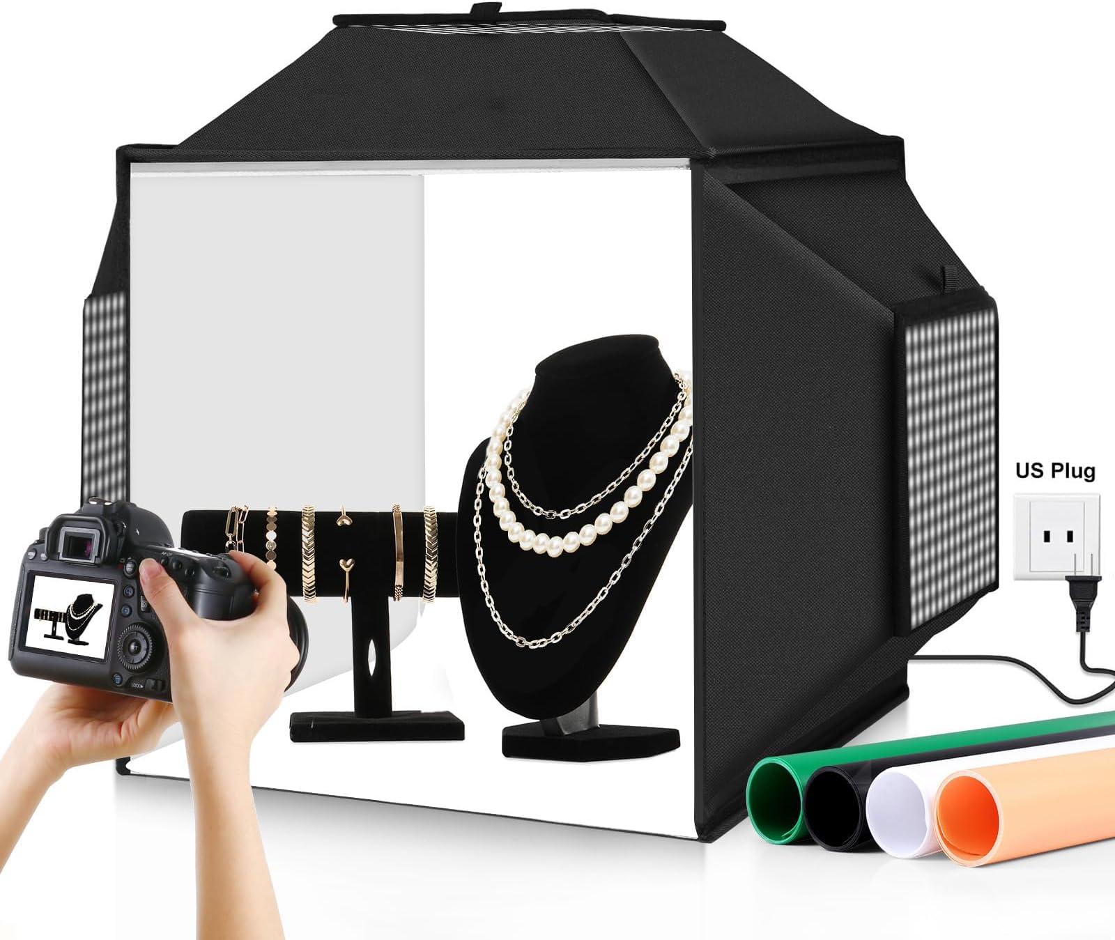 Upgrade Light Box & Soft Box, 16"x16" Portable Photo Box with 480 LED Lights, Professional Photography Studio with 4 PVC Backdrops for Jewelry and Product Photography