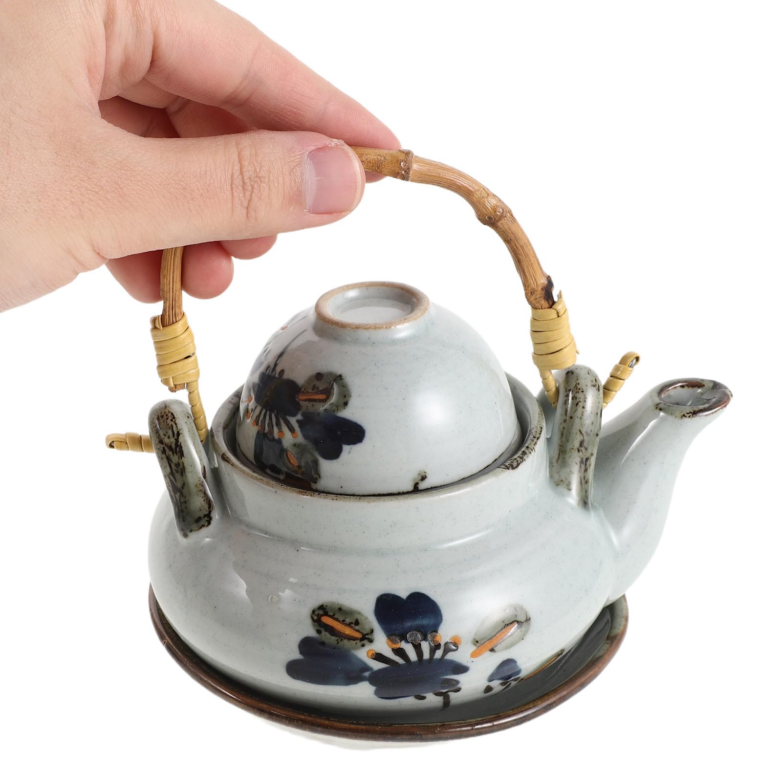 Tetera de Cerámica Japonesa de 300ml con Tapa y Asa de Madera, Resistente al Calor, Estilo Vintage para Cocina Asiática y Servicio en Restaurante