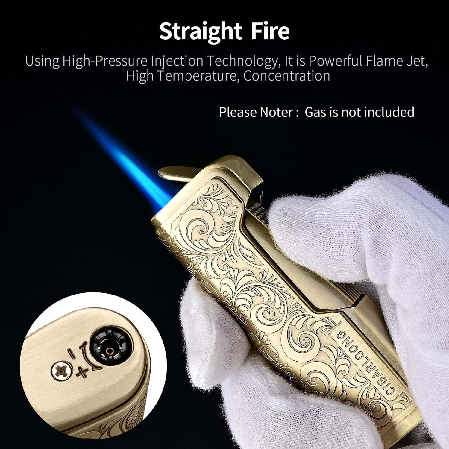 Cigar Cutter and Lighter Set with Unbreakable Metal Ashtray, Stainless Steel Guillotine and Refillable Butane Torch Lighter, 3 Pcs Classic Carved Cigar Accessory Set (Silver)