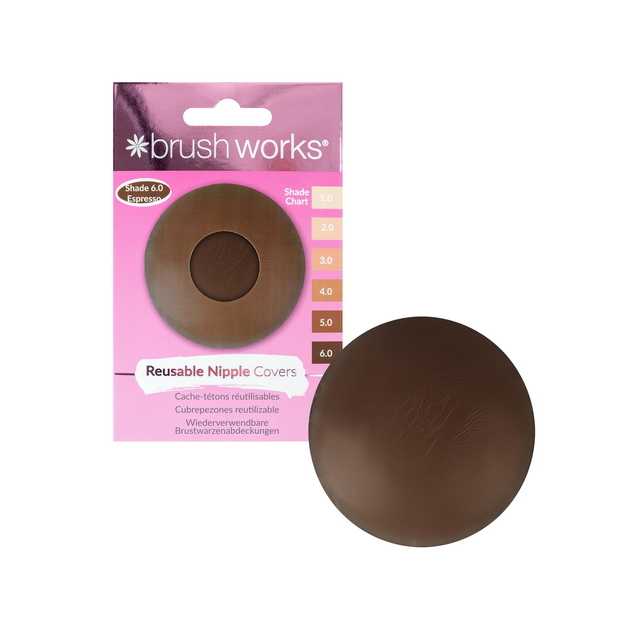 Brushworks Reusable Silicone Nipple Covers (Shade 6.0 - Espresso) - Adhesive Pasties for Invisible Coverage Under T Shirts, Crop Tops & Backless Dresses, Vegan & Cruelty Free Beige