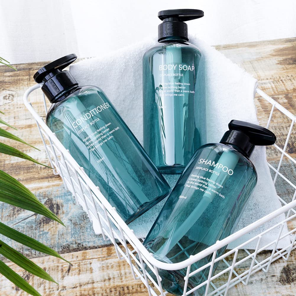 Shampoo and Conditioner Dispenser Bathroom Pump Ocean Blue Bottles Refillable Cosmetic Pump Dispensers 3pcs 16.9oz 500ml Bottle for Bathroom Decor