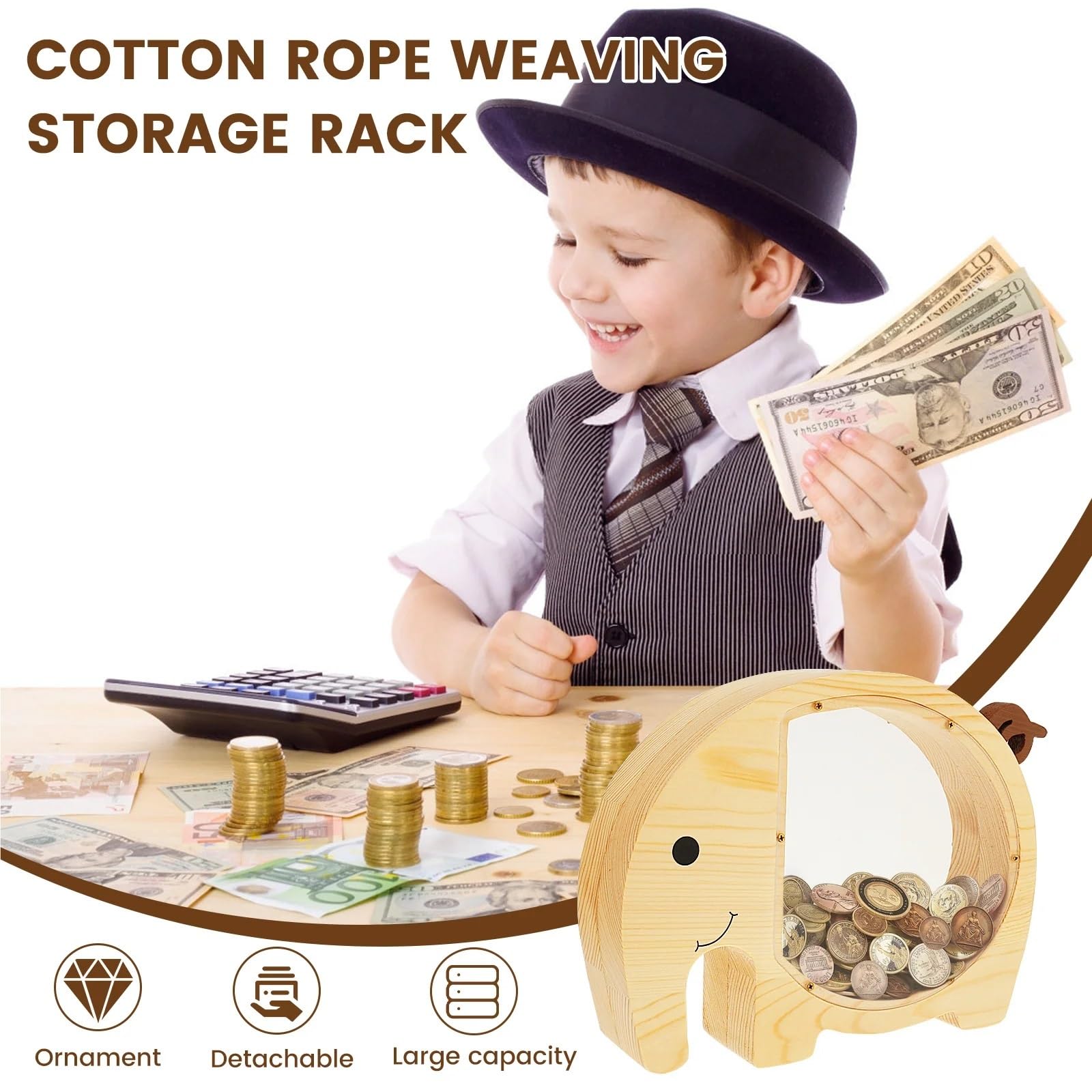 Tirelire en Bois en Forme d'éléphant avec Panneau Transparent, Tirelire réutilisable, Tirelire décorative, Jolie boîte d'épargne personnalisée