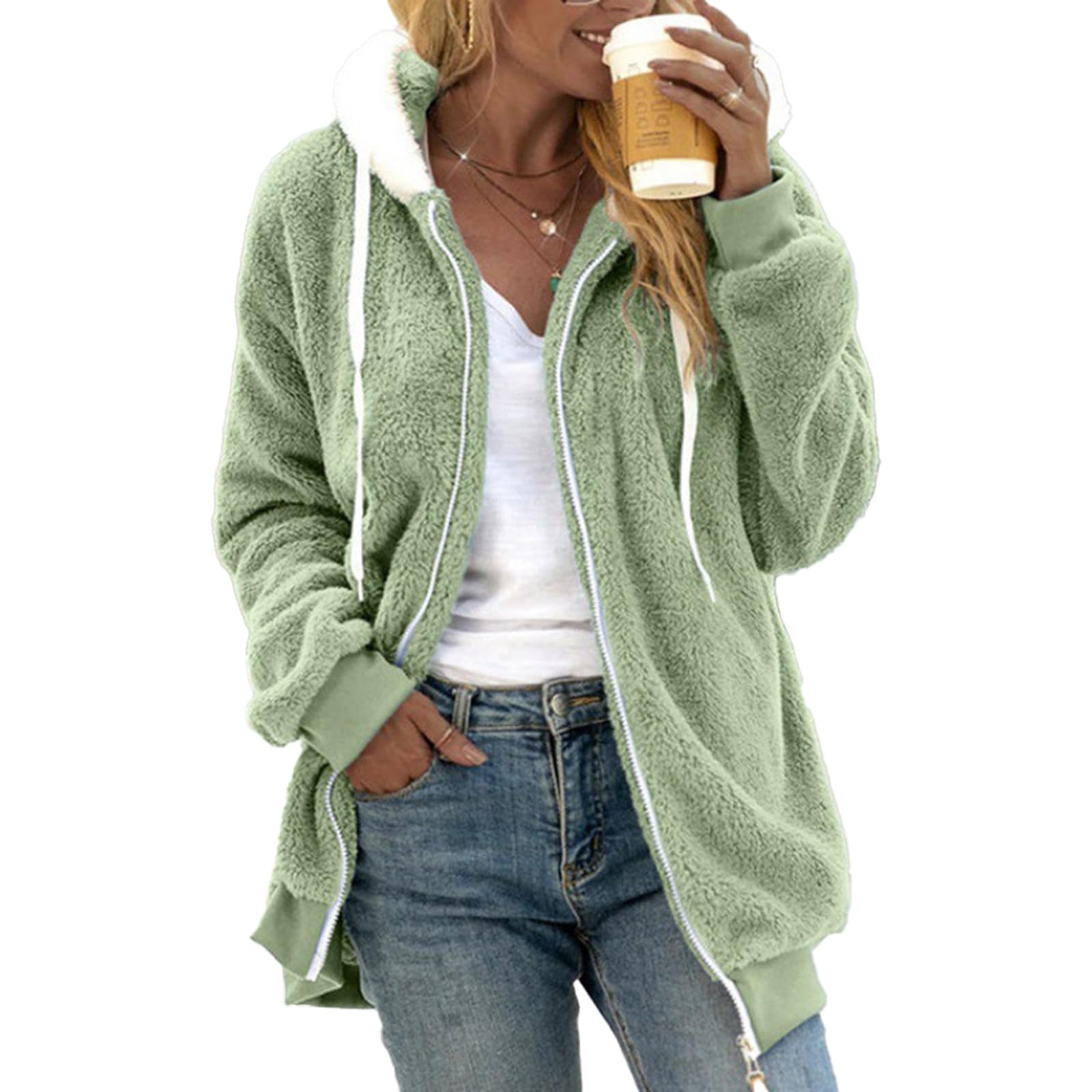 Winter Plush Coats for Women, Fleece Jackets, Warm Sherpa with Pockets (Green,4XL)